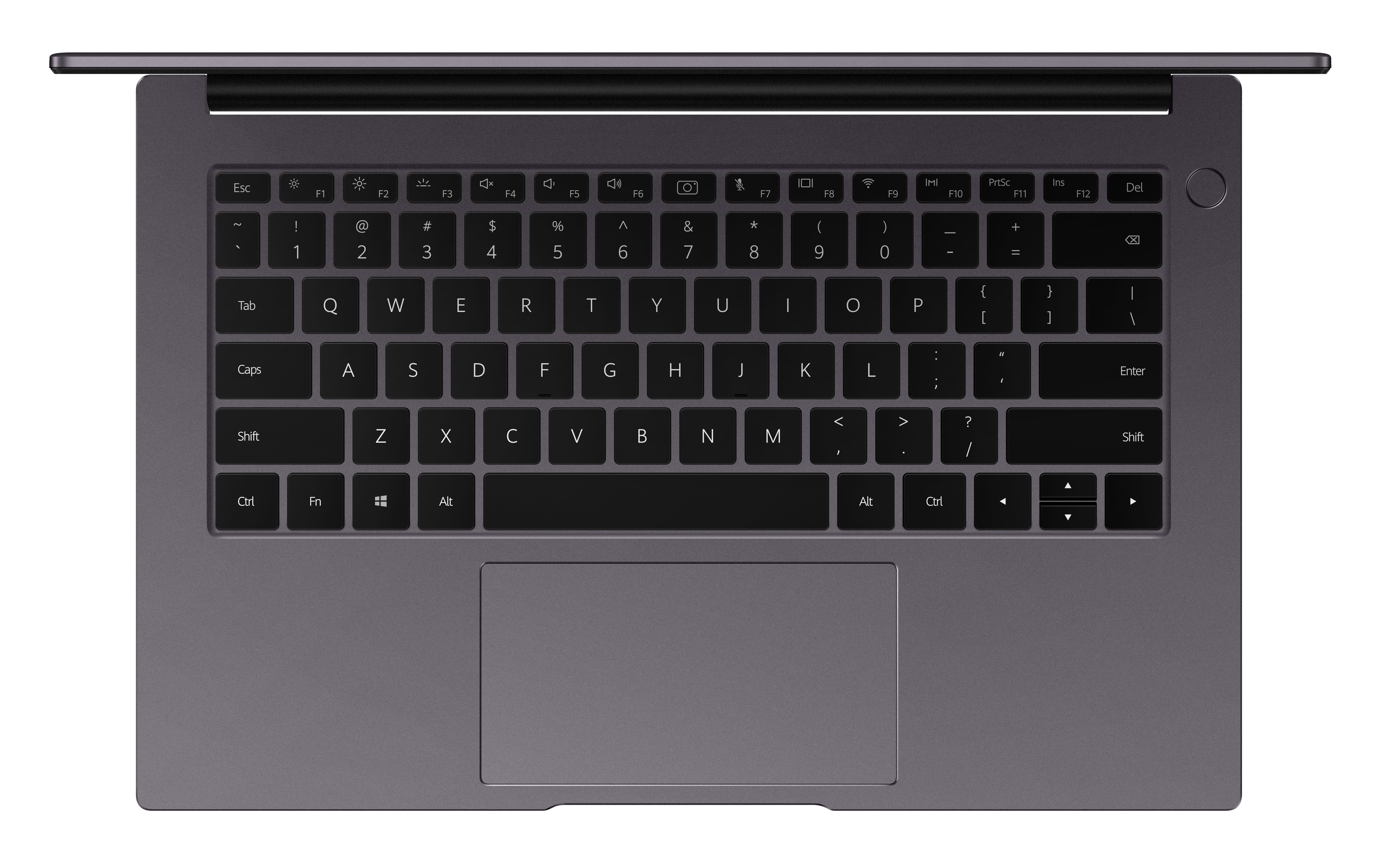 Laptop, Draufsicht. Schwarze Tastatur und Touchpad. Tasten haben weiße Buchstaben.