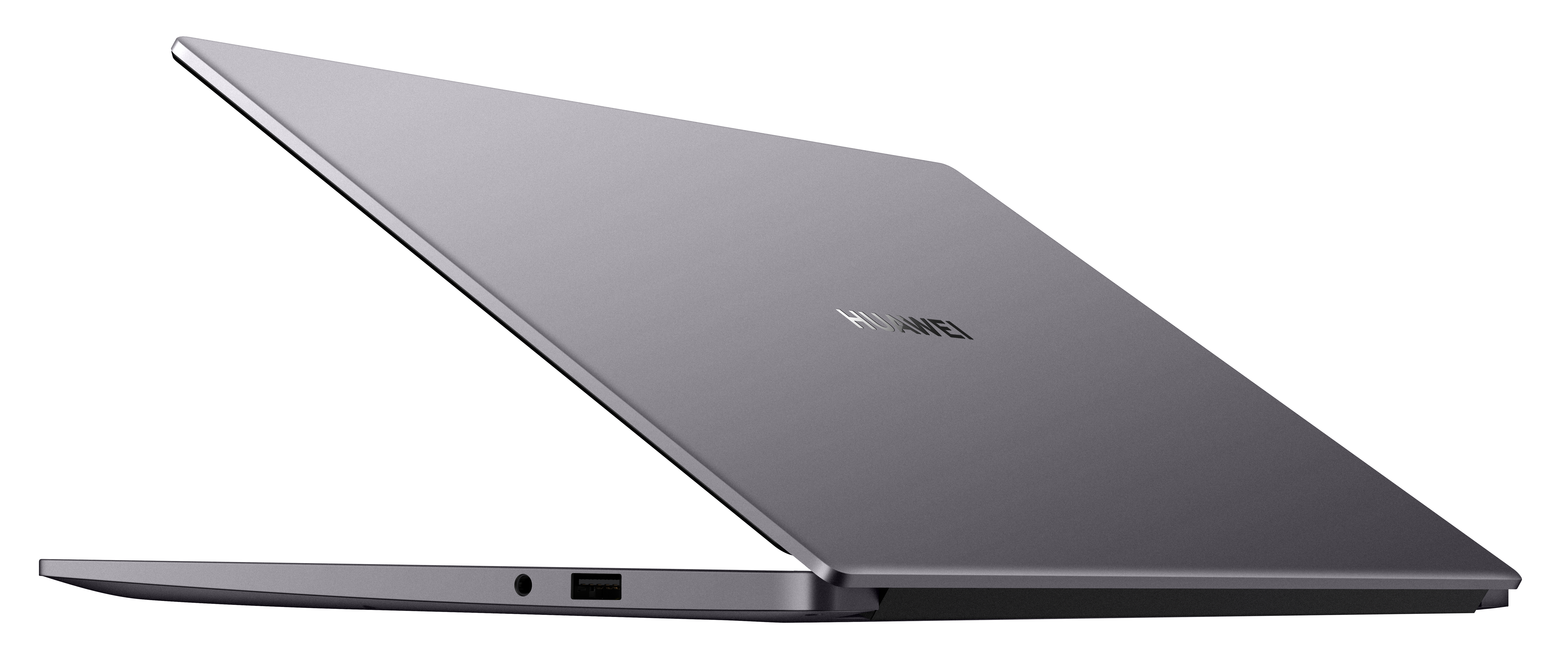Ein graues Huawei-Laptop, teilweise geöffnet, mit dem Huawei-Logo auf der Oberseite.