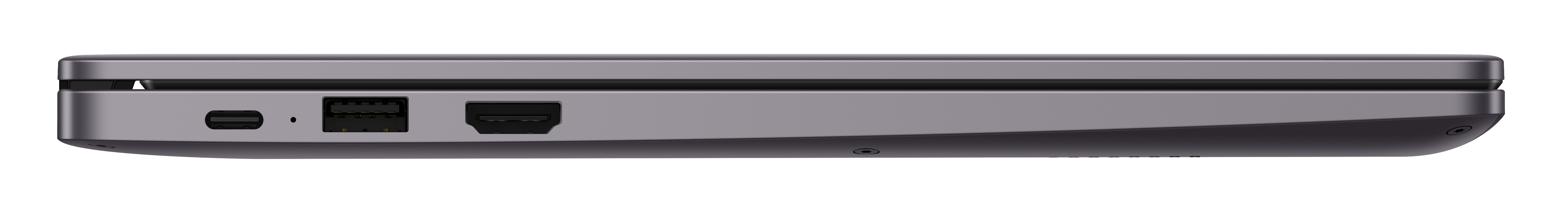 Seitenansicht eines geschlossenen Laptops. Zeigt Anschlüsse, einschließlich USB-C, USB und HDMI.