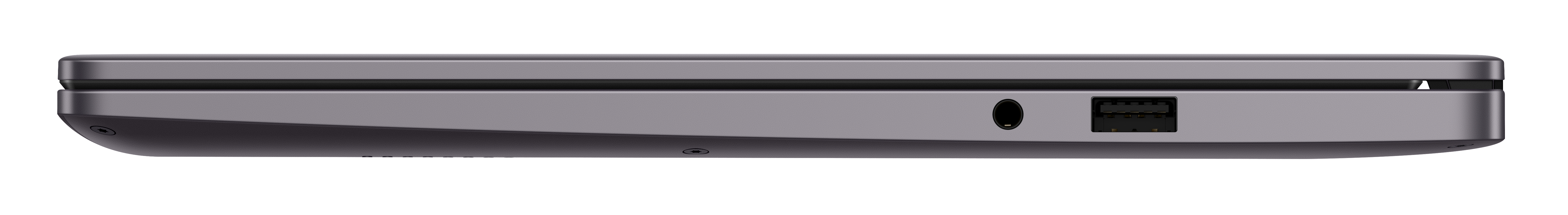 Seitenansicht eines geschlossenen grauen Laptops mit Anschlüssen.