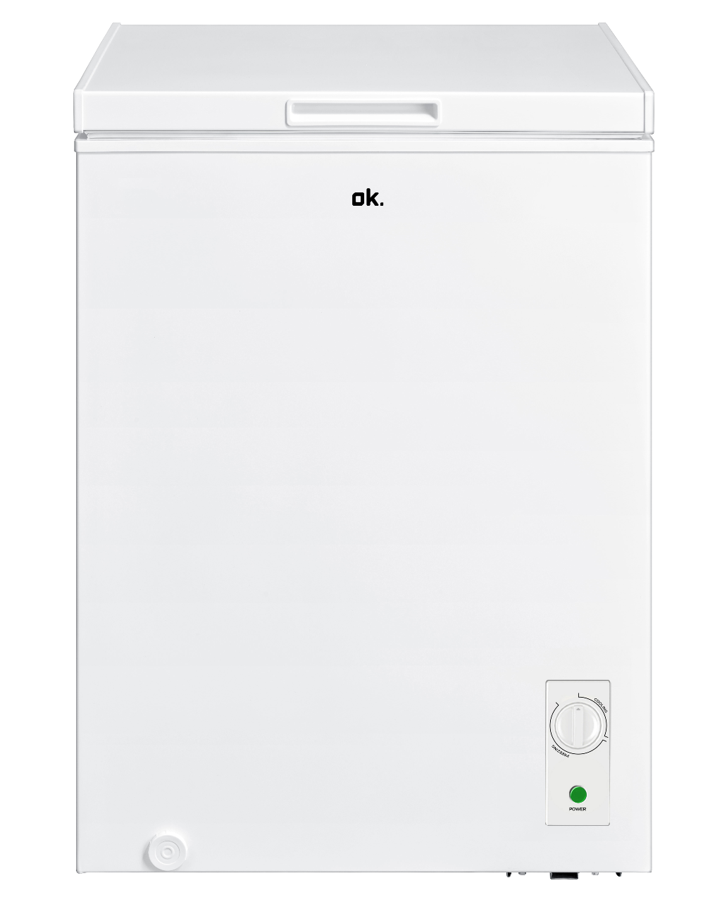 Congelador horizontal blanco con panel de control.