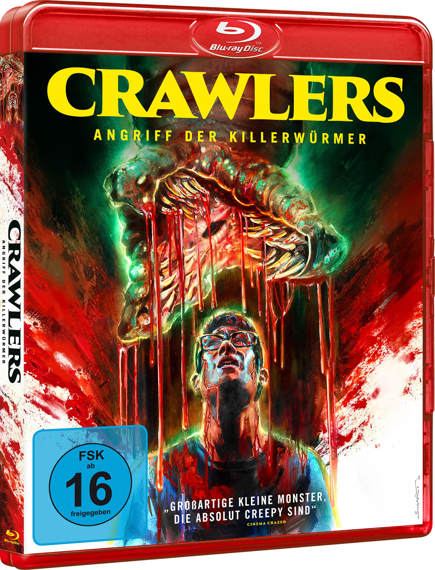 DVD-Cover für den Film Crawlers. Ein Monster ist über einem Mann, der nach oben schaut. Rote, grüne und gelbe Farben werden verwendet.