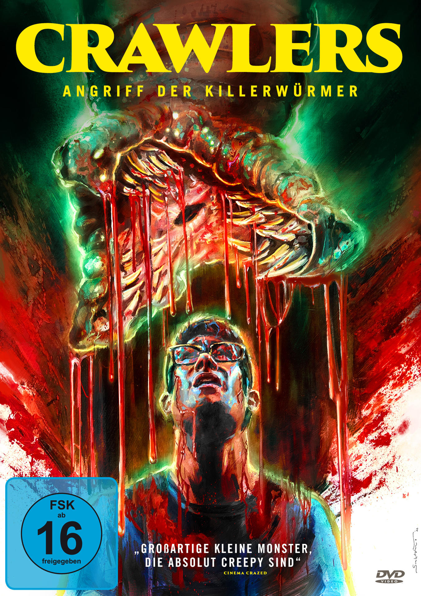 DVD-Cover: Ein Mann blickt zu einem Wurmmonster auf. Text: Crawlers, Angriff der Killerwürmer.