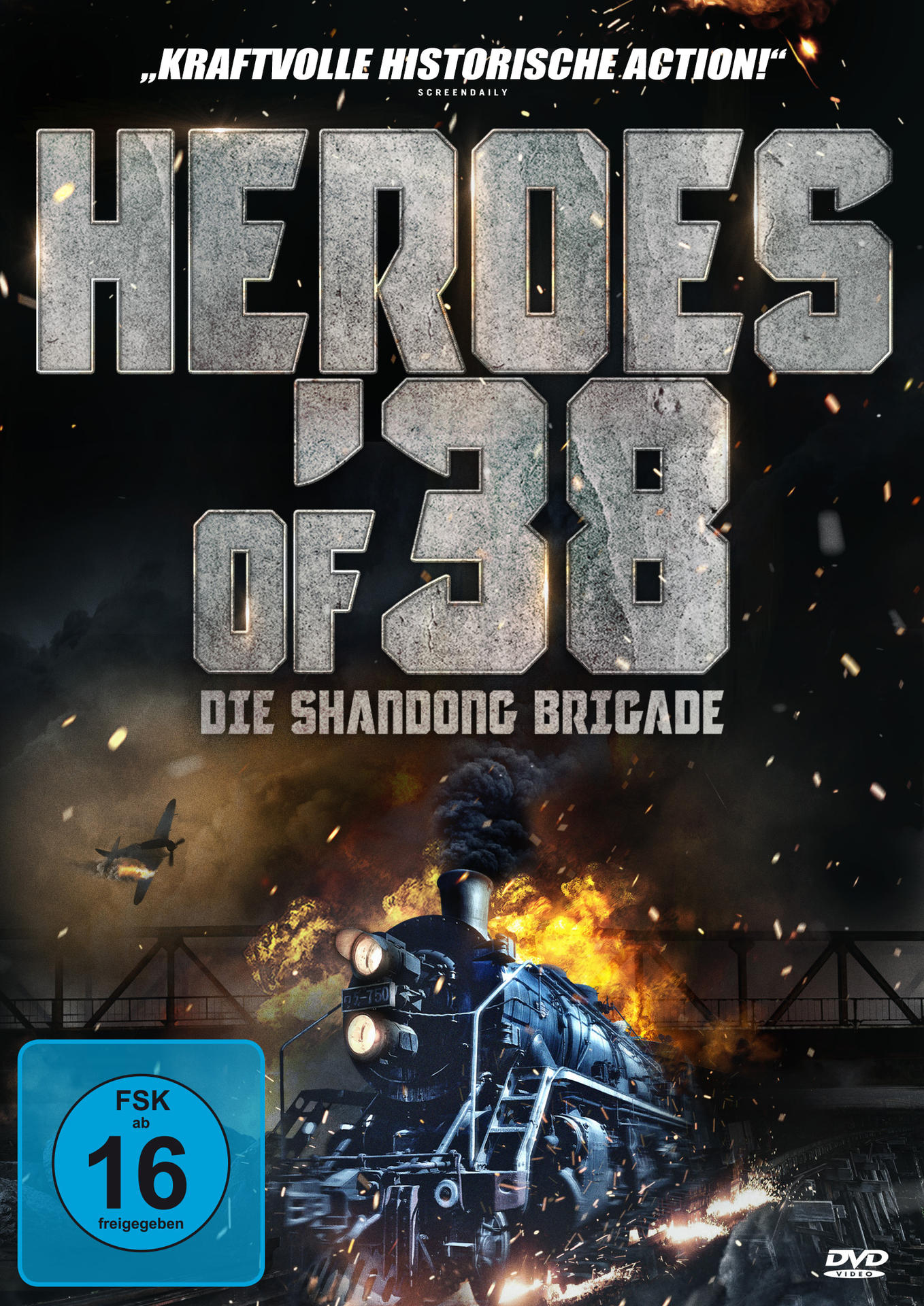 Filmposter. Ein brennender Zug und der Titel: Heroes of 38. Deutscher Text.