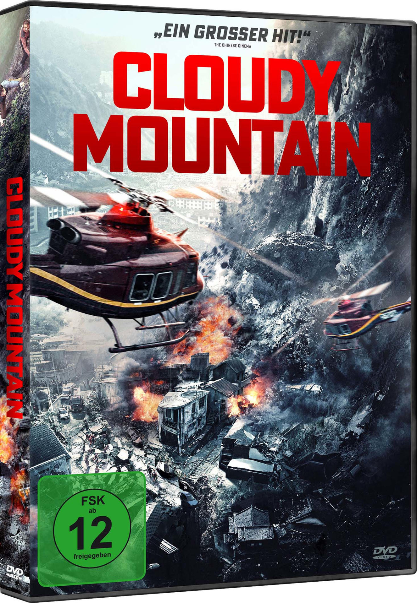 DVD-Cover von Cloudy Mountain mit Hubschraubern, die über eine Stadt mit Feuer und Explosionen fliegen. Grüne Altersfreigabe.