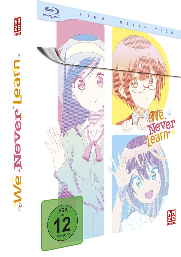 Anime Blu-ray-Cover. Zeigt drei Anime-Mädchen. Grünes und rosa Farbschema.