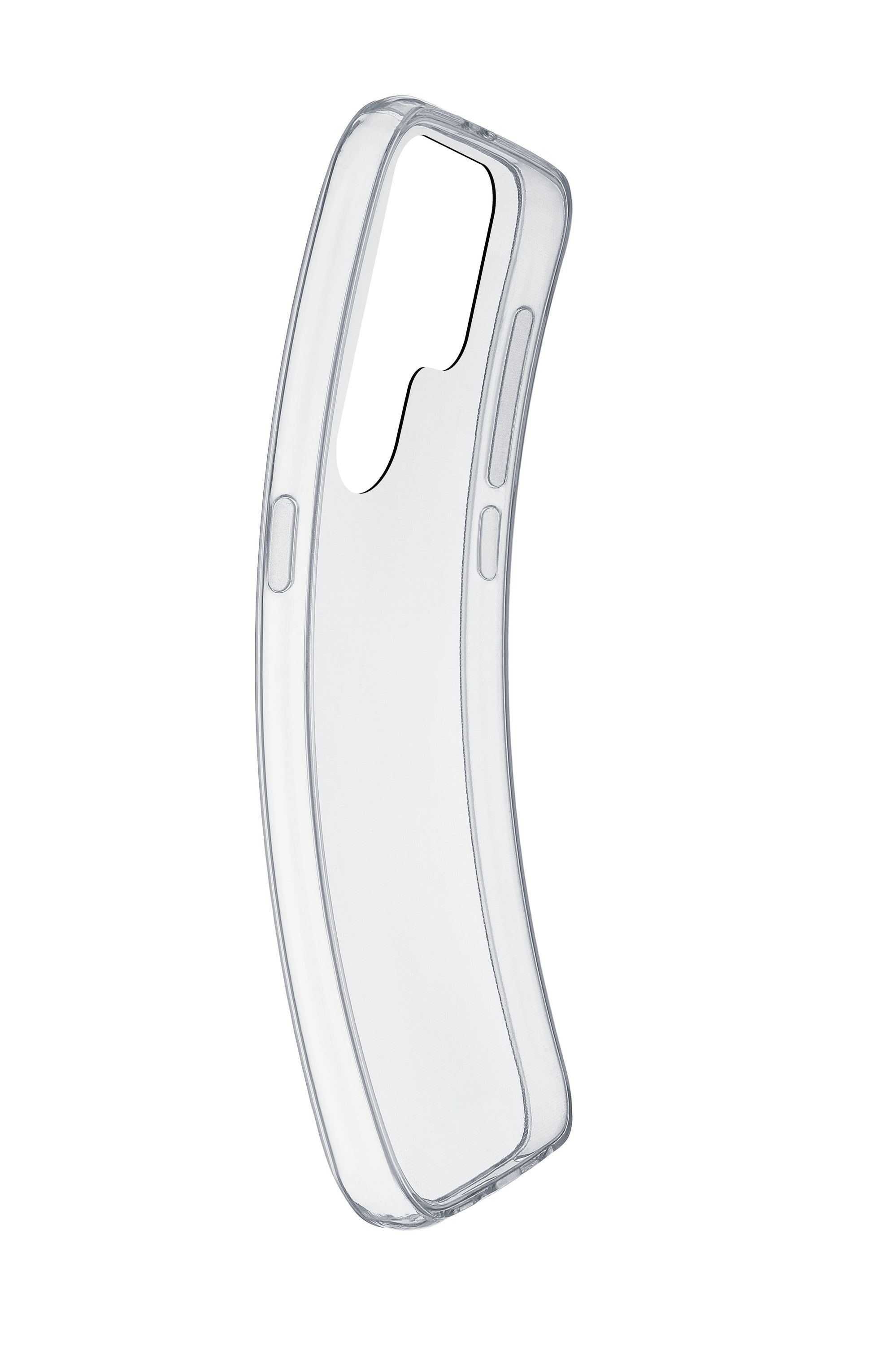 Una funda transparente y transparente para teléfono. La funda es curva y tiene aberturas para el teléfono.