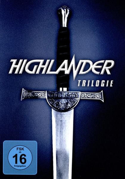 Highlander Trilogy DVD-Cover mit einem Schwert vor blauem Hintergrund.