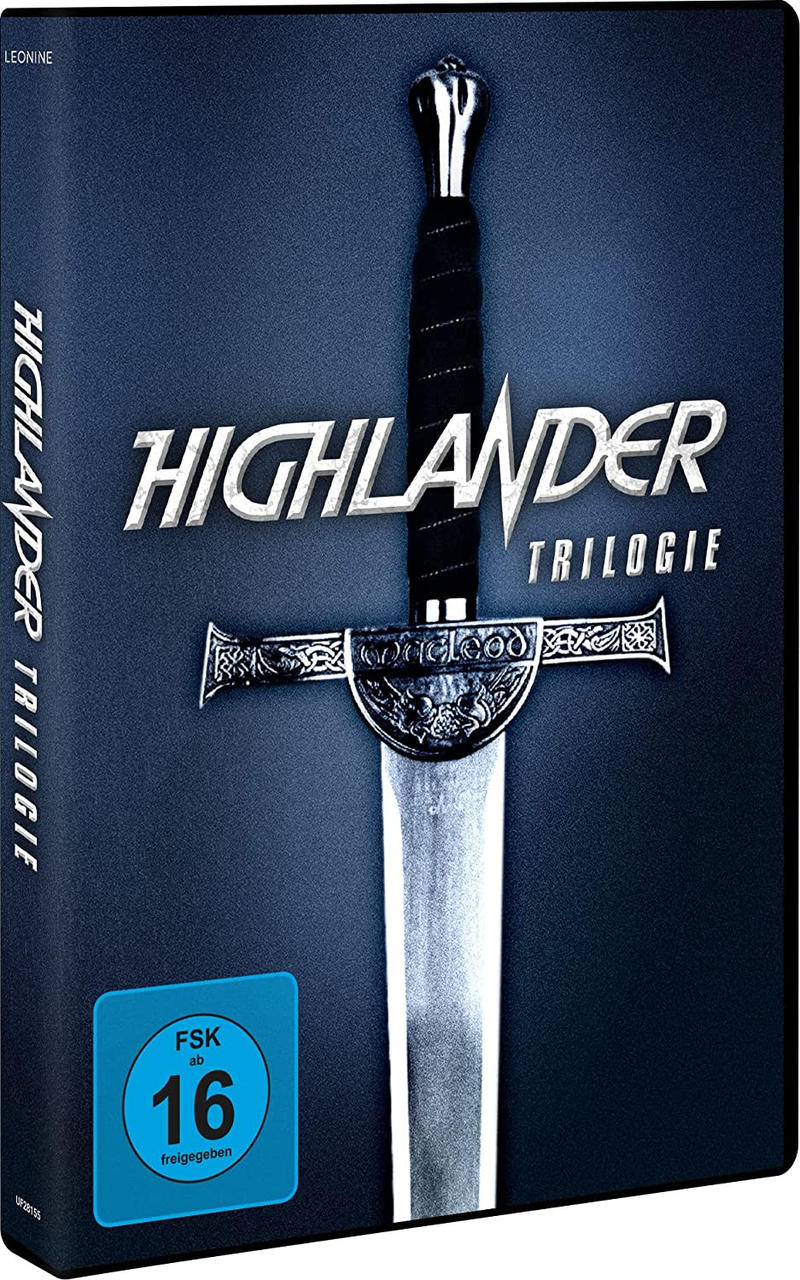 Eine DVD-Hülle des Films Highlander Trilogie mit einem Schwert auf dem Cover.