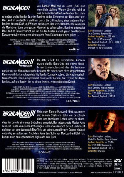 Rückseite von DVDs mit Text und Bildern der 'Highlander'-Serie. Mehrere Cover sind gezeigt.
