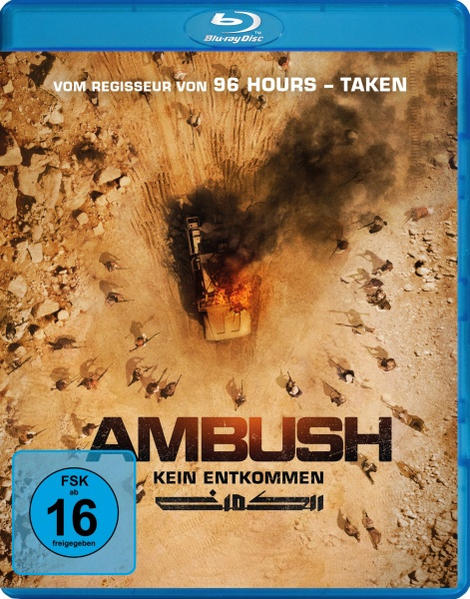 Eine Blu-ray-Filmhülle. Das Cover zeigt ein brennendes Auto und Figuren. Titel: AMBUSH.