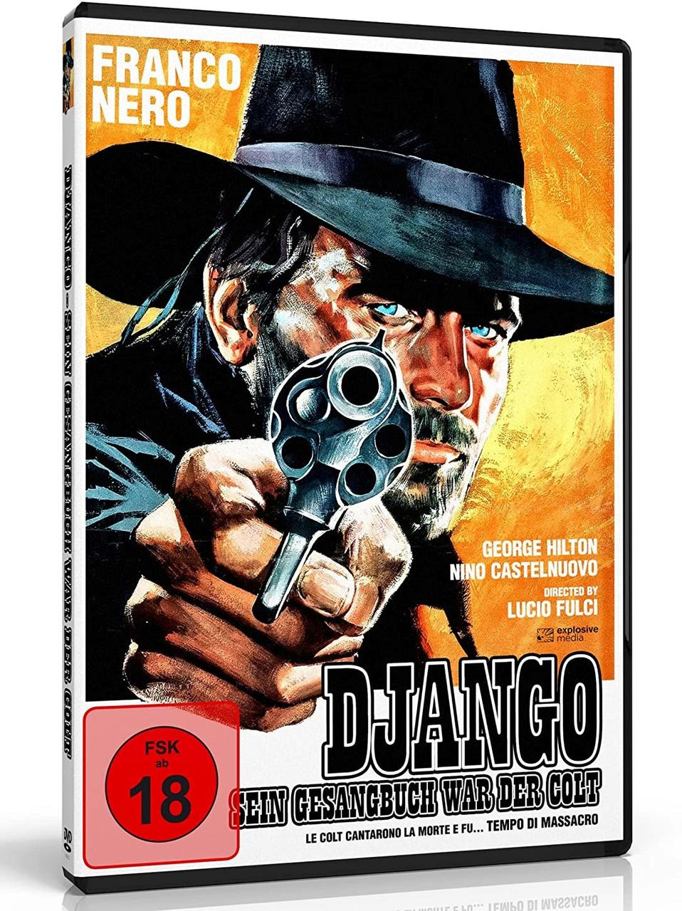 DVD-Cover von Django, ein Mann, der mit einer Waffe zeigt, in Schwarzweiß.