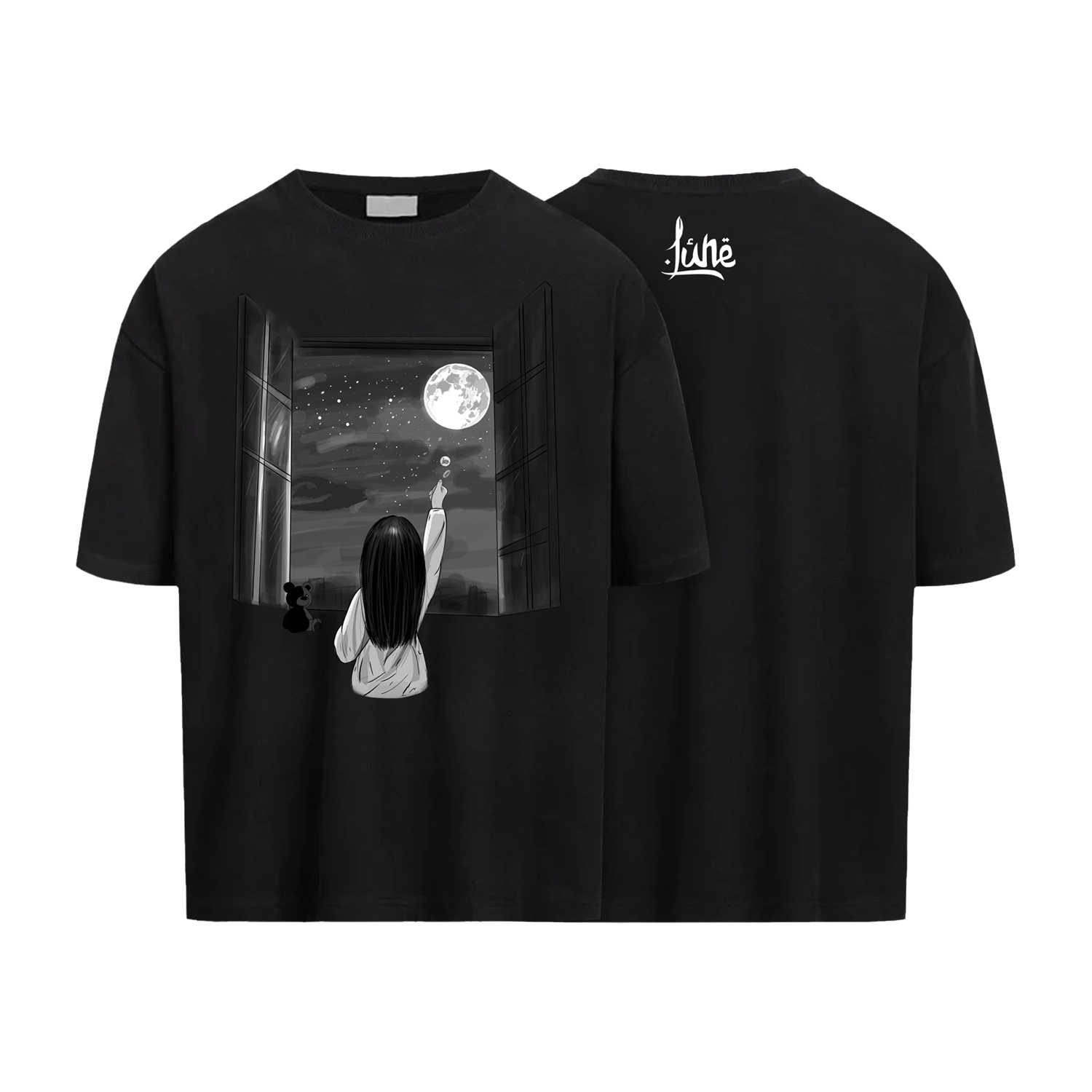 Schwarzes T-Shirt mit einer Zeichnung eines Mädchens, das nach dem Mond greift. Weißer Hintergrund.