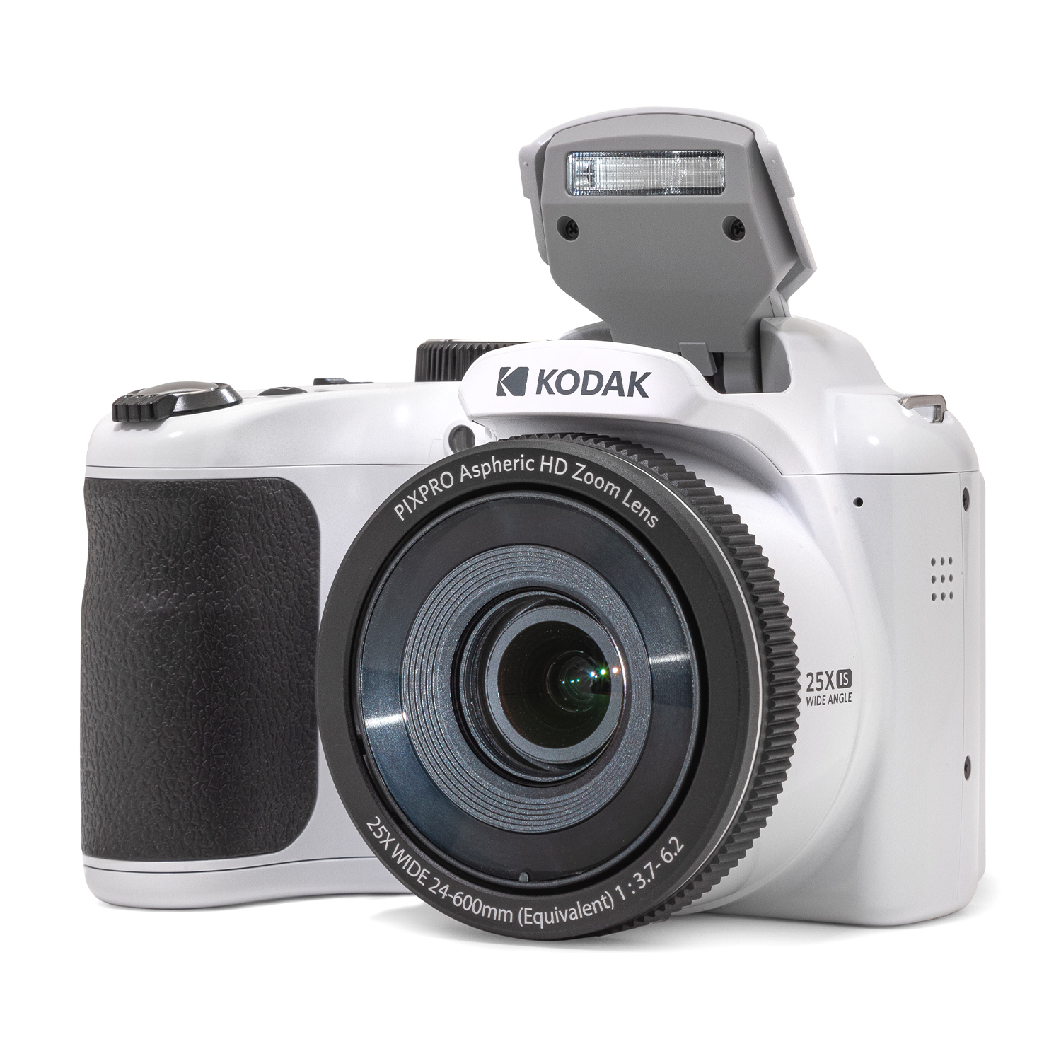 Fotocamera Kodak bianca con obiettivo nero, flash aperto e impugnatura nera. Lo sfondo è bianco.