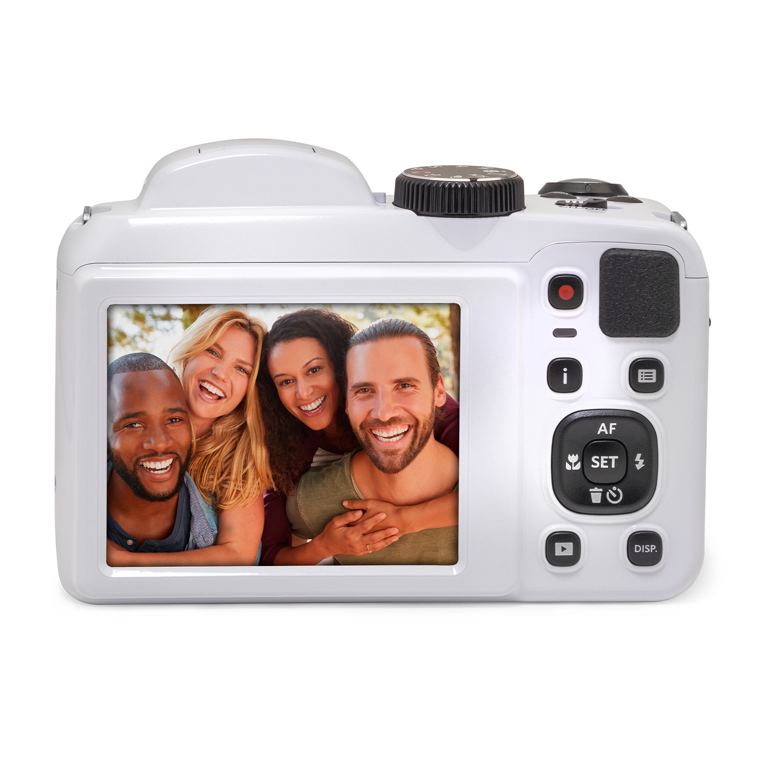 Una fotocamera digitale bianca mostra sul suo schermo una foto di quattro persone sorridenti.