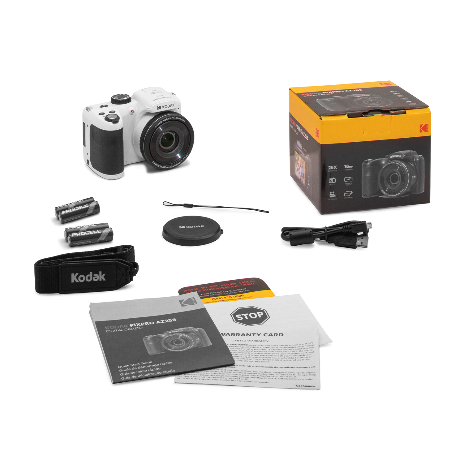 Una fotocamera Kodak Pixpro AZ255 con accessori: batterie, cinturino, copriobiettivo e documenti.