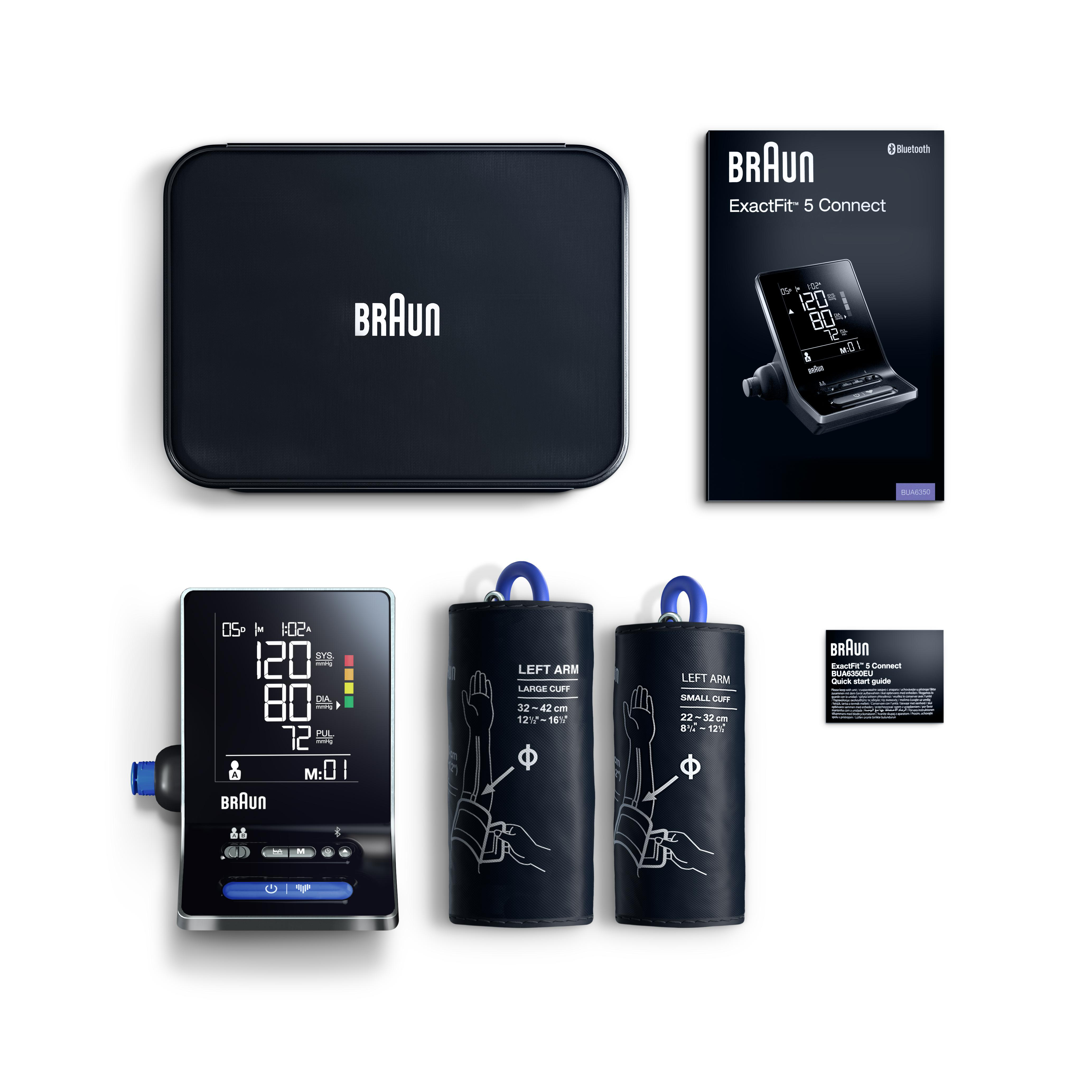 Ein Braun-Blutdruckmessgerät mit Display, Manschetten und Etui, alles auf weißer Oberfläche.