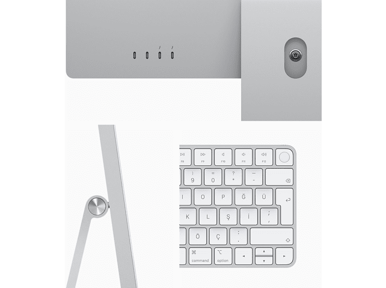 Gümüş bir iMac'in arkasının, çeşitli bağlantı noktaları ve bir klavye ile yakın çekimi.