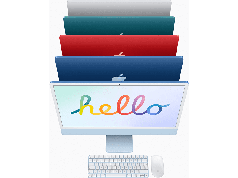 Birkaç Apple iMac bilgisayarı üst üste. Her birinin farklı bir rengi var, ekranda 'hello' kelimesi var.