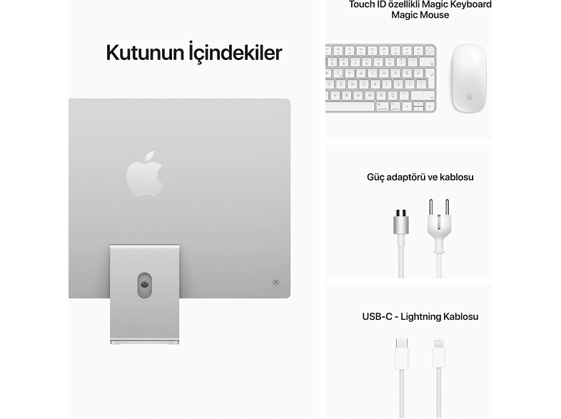 Apple bilgisayar bileşenleri: ekran, klavye, fare ve kablolar. Beyaz zemin.