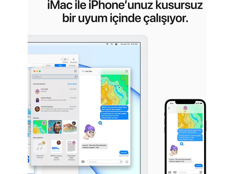 iMac ve iPhone mesajları gösteriyor. Türkçe metin kaplaması. Apple ürün tanıtımı.