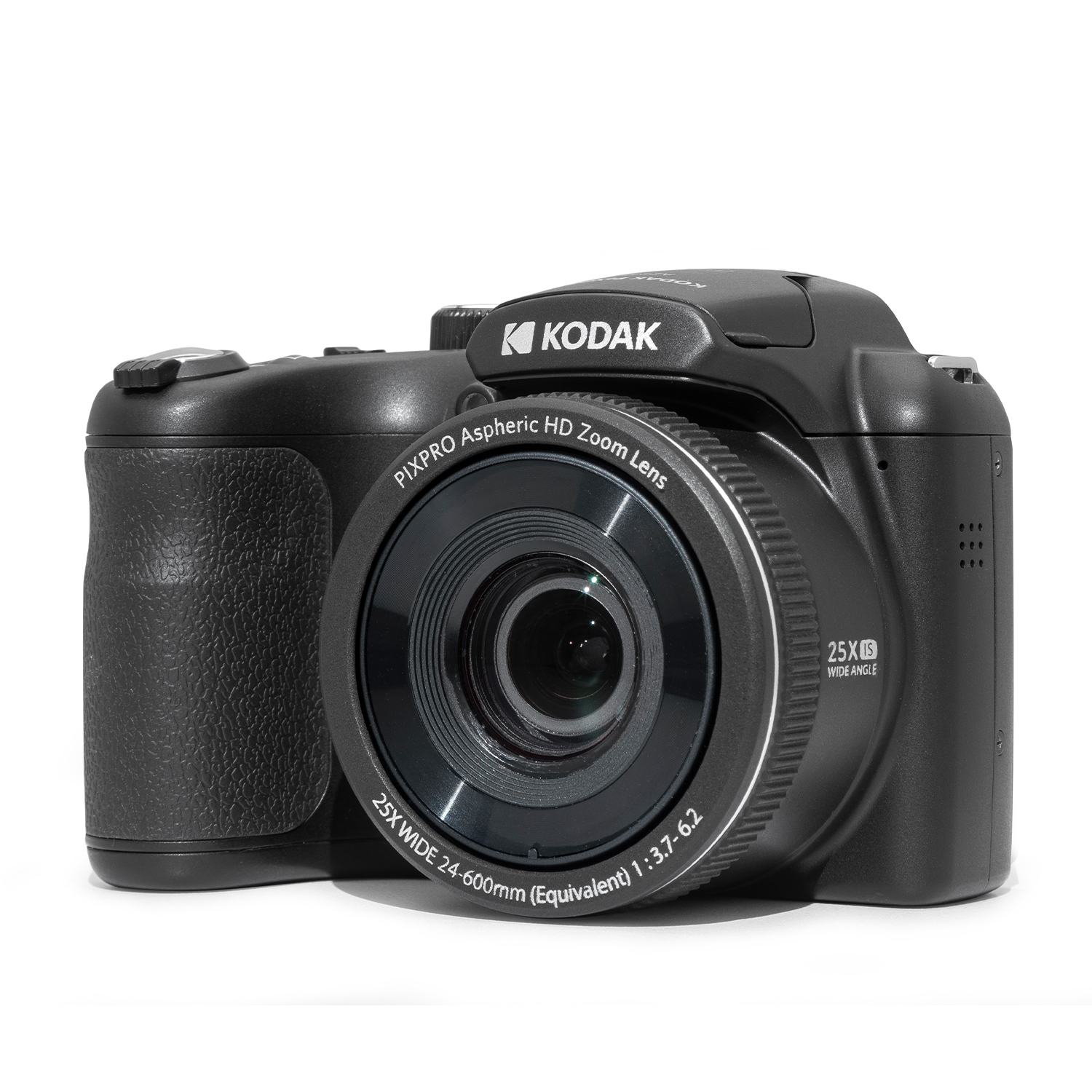 Fotocamera Kodak nera, obiettivo al centro, pulsanti e controlli visibili, su sfondo bianco.
