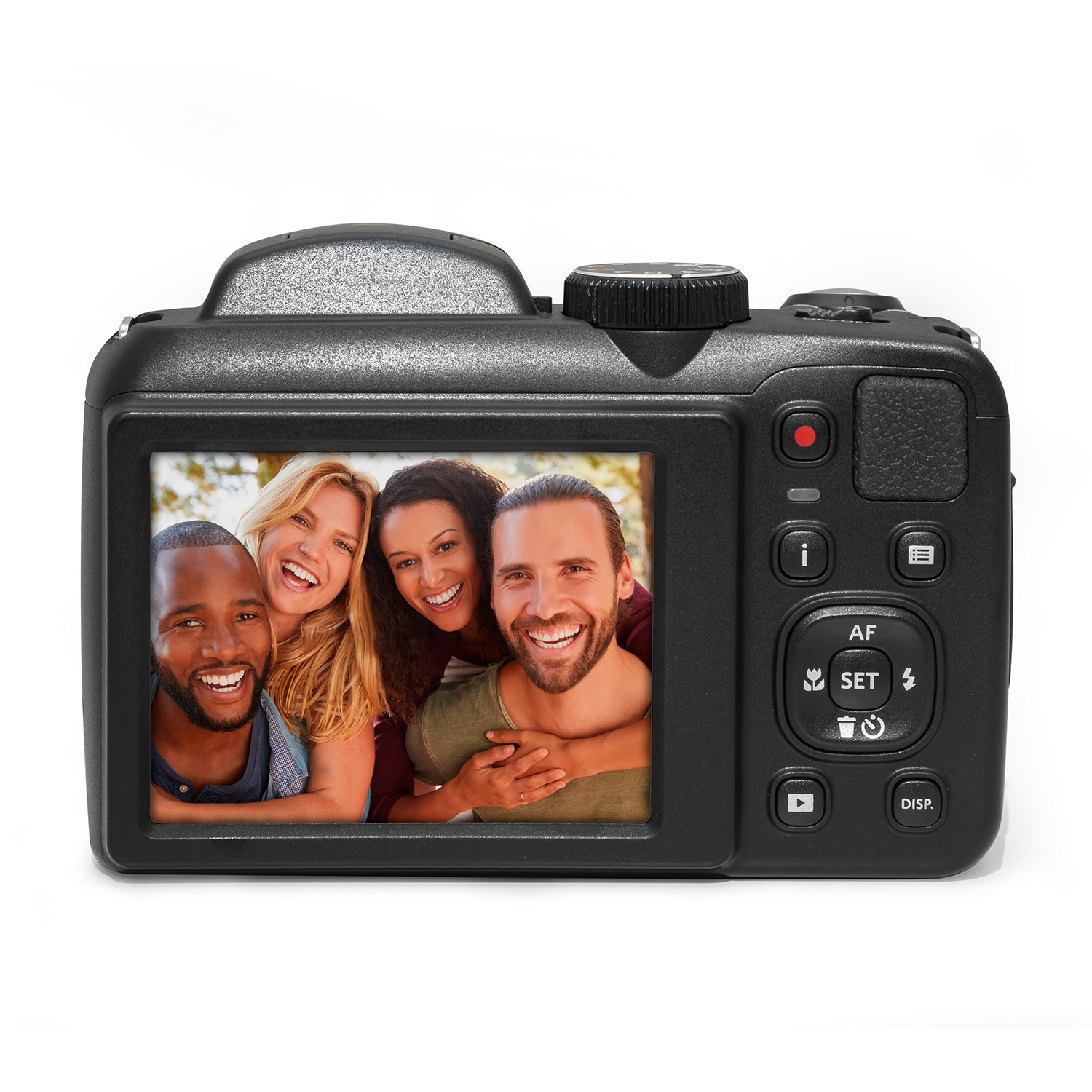 Lo schermo di una fotocamera digitale mostra una foto di quattro persone sorridenti. La fotocamera ha pulsanti a destra.