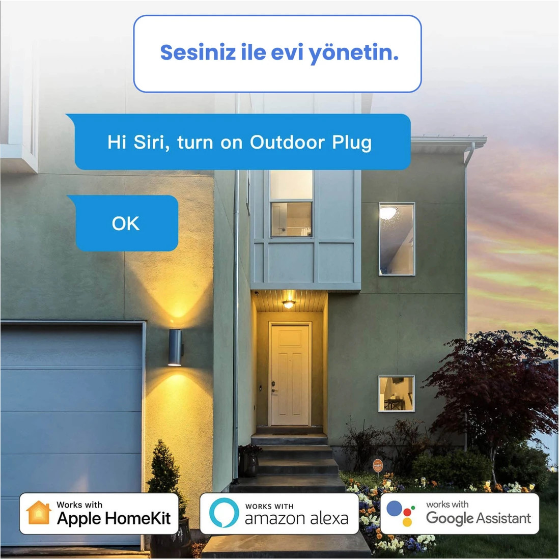 Akşamüstü bir ev dış cephesi, akıllı ev sistemiyle kontrol.