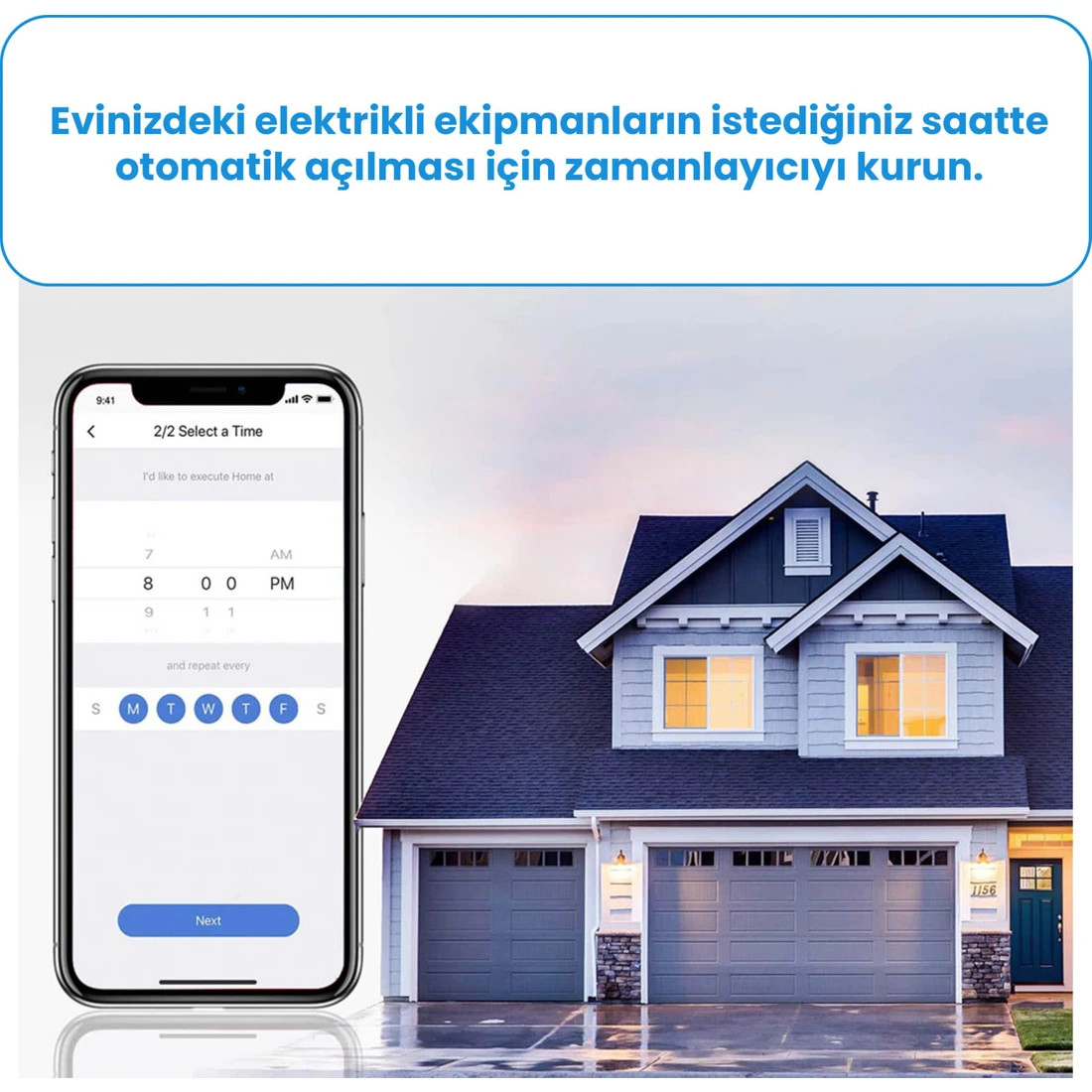 Arka planda bir ev ile ev otomasyon uygulaması arayüzünü gösteren bir akıllı telefon.