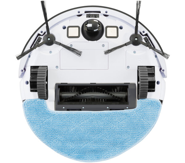 Robot porszívó alsó része kefékkel és kék ruhával.