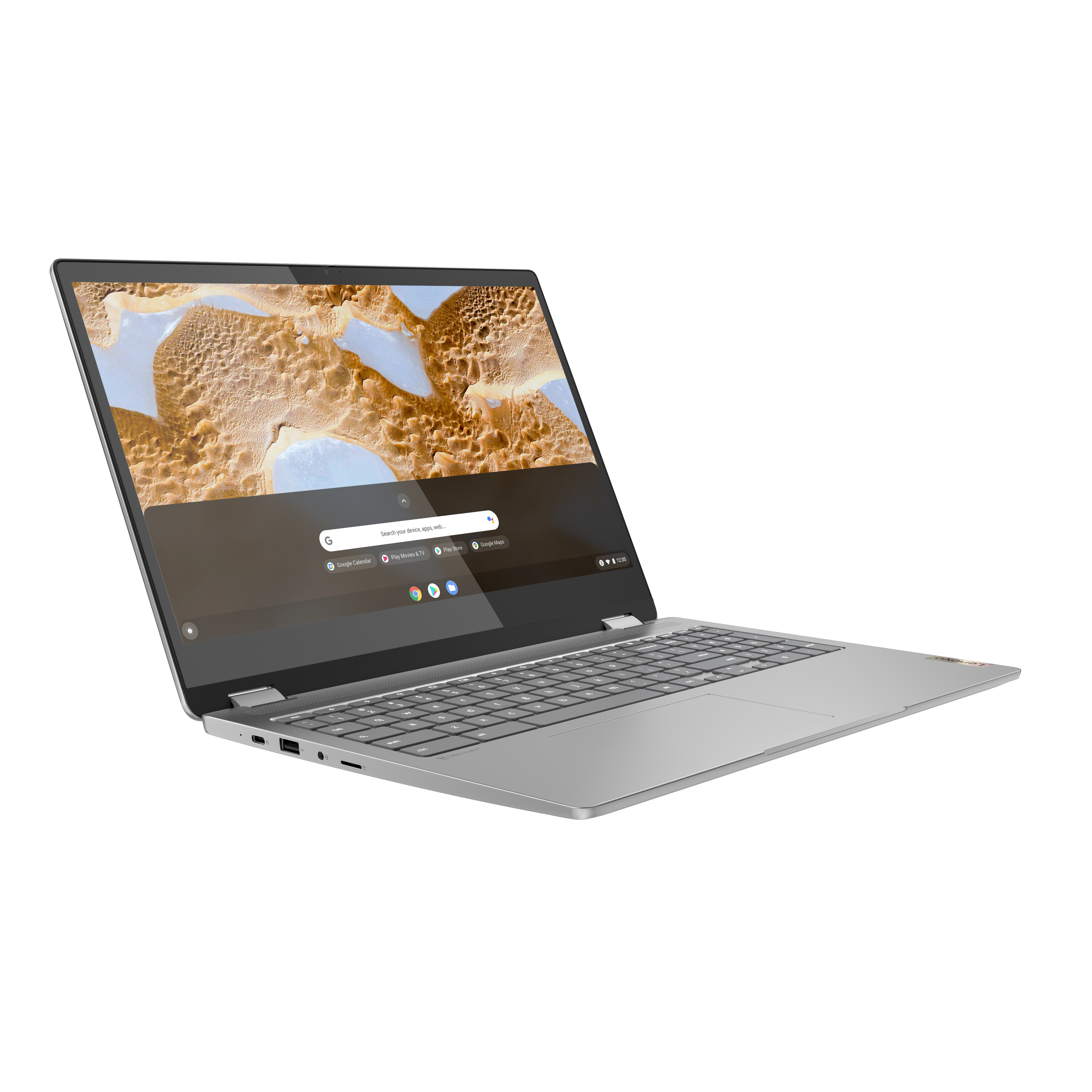 Ein silberner Laptop ist auf einer weißen Oberfläche geöffnet. Der Bildschirm zeigt die Google Chrome-Oberfläche.