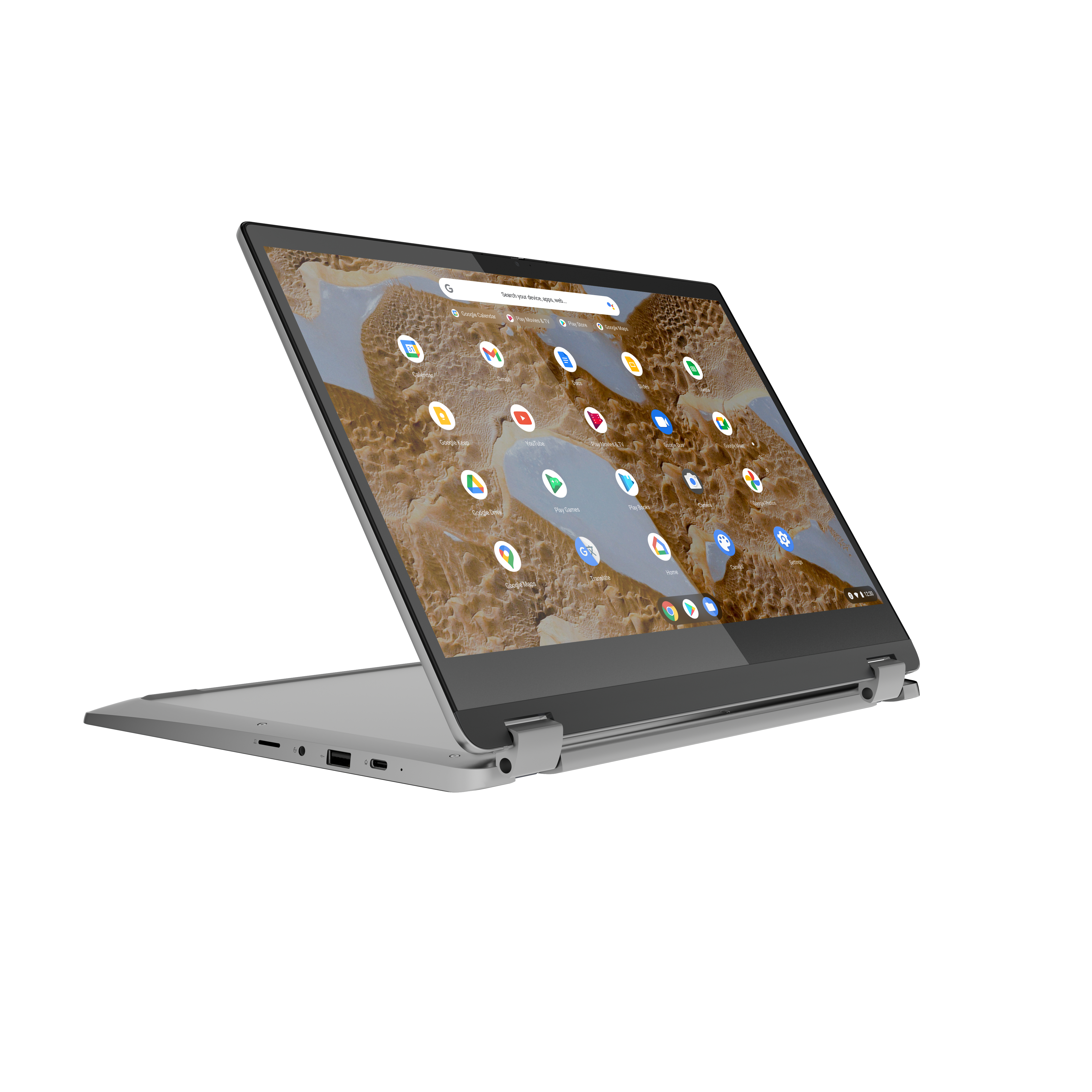 Laptop auf weißem Hintergrund, leicht geöffnet.