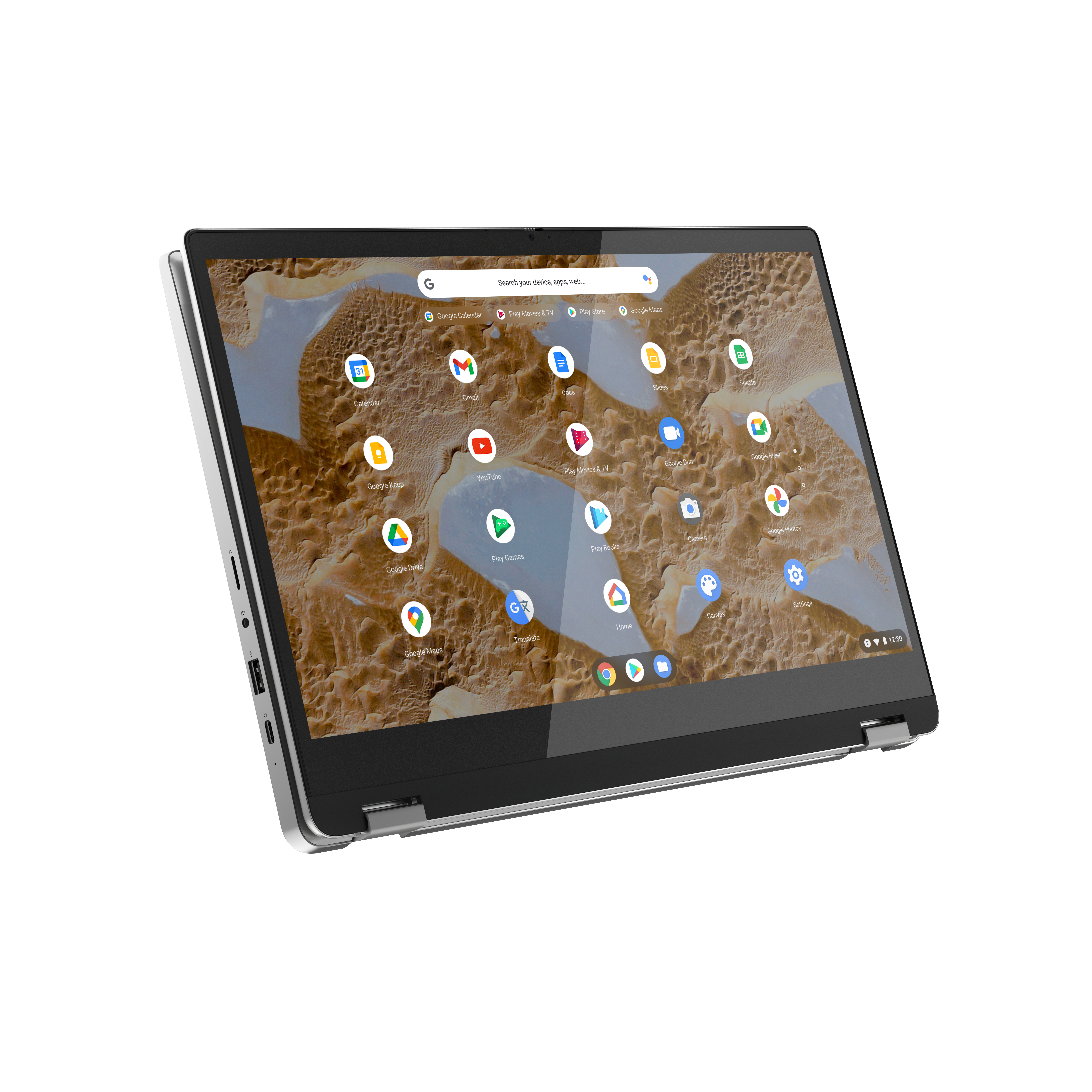 Ein silberner Laptop mit Touchscreen, der Apps und Symbole auf weißem Hintergrund anzeigt.