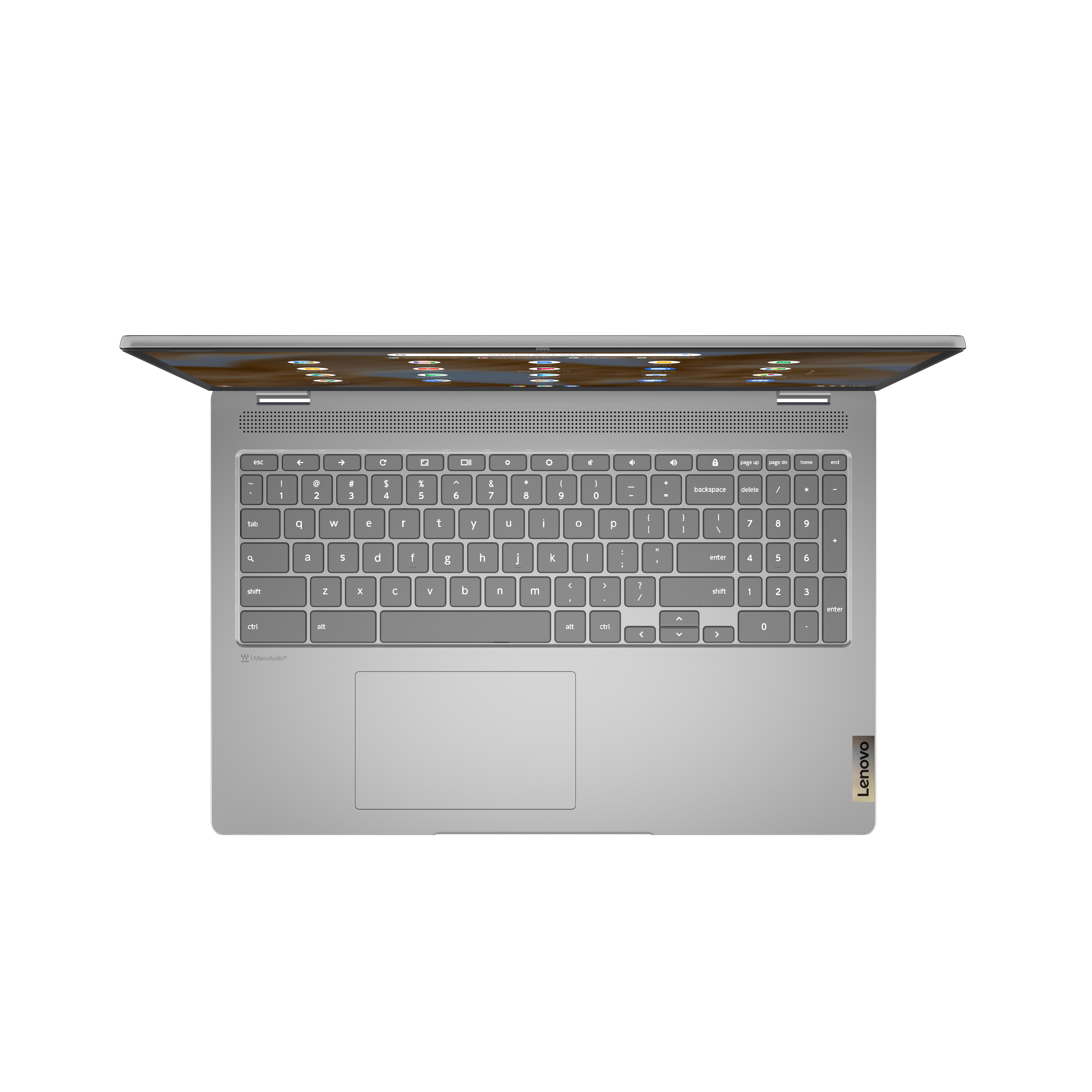 Draufsicht auf einen silbernen Lenovo Laptop mit geöffnetem Bildschirm, Tastatur und Bildschirm.
