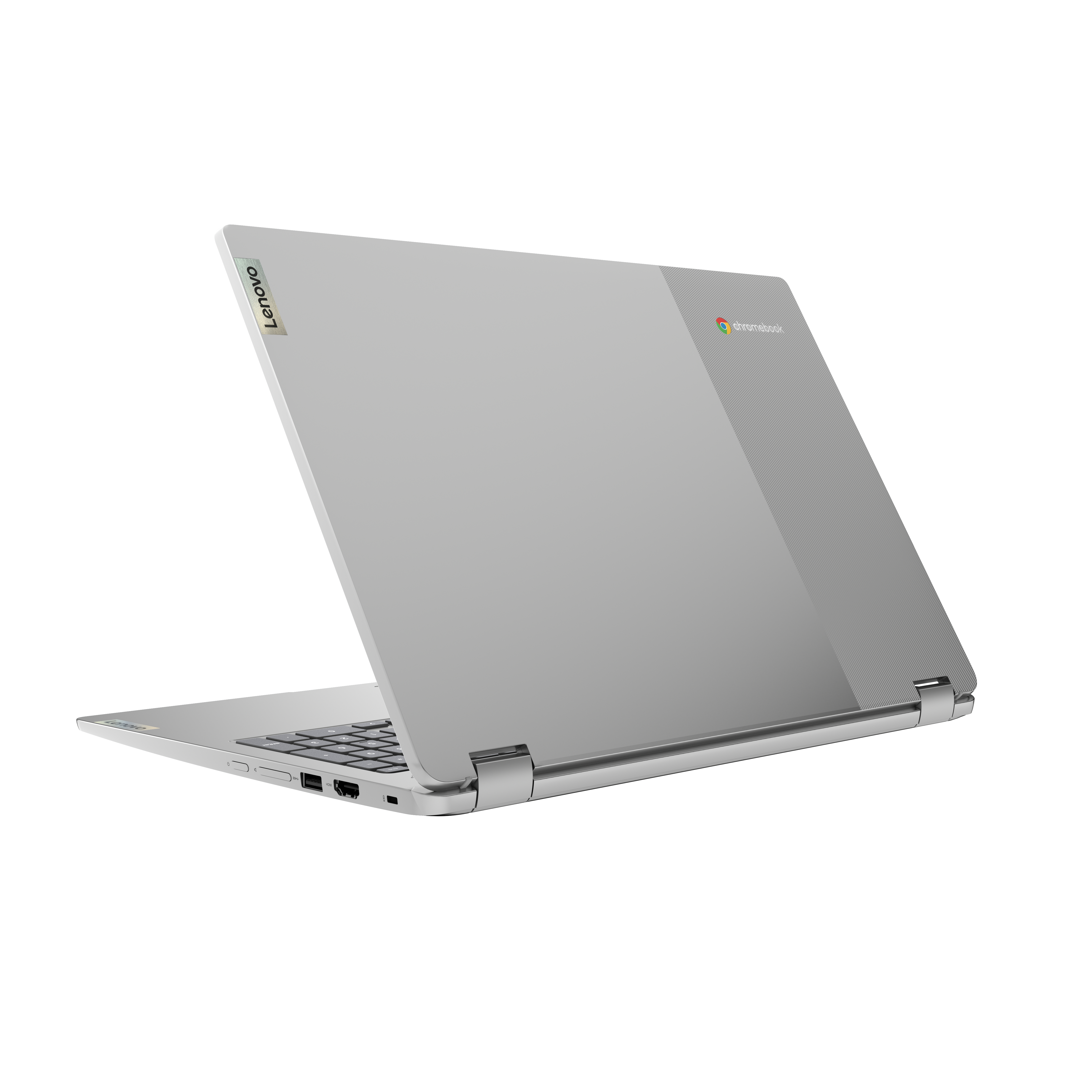 Ein silbernes Lenovo Chromebook-Laptop, angewinkelt geöffnet, um die Tastatur zu zeigen.