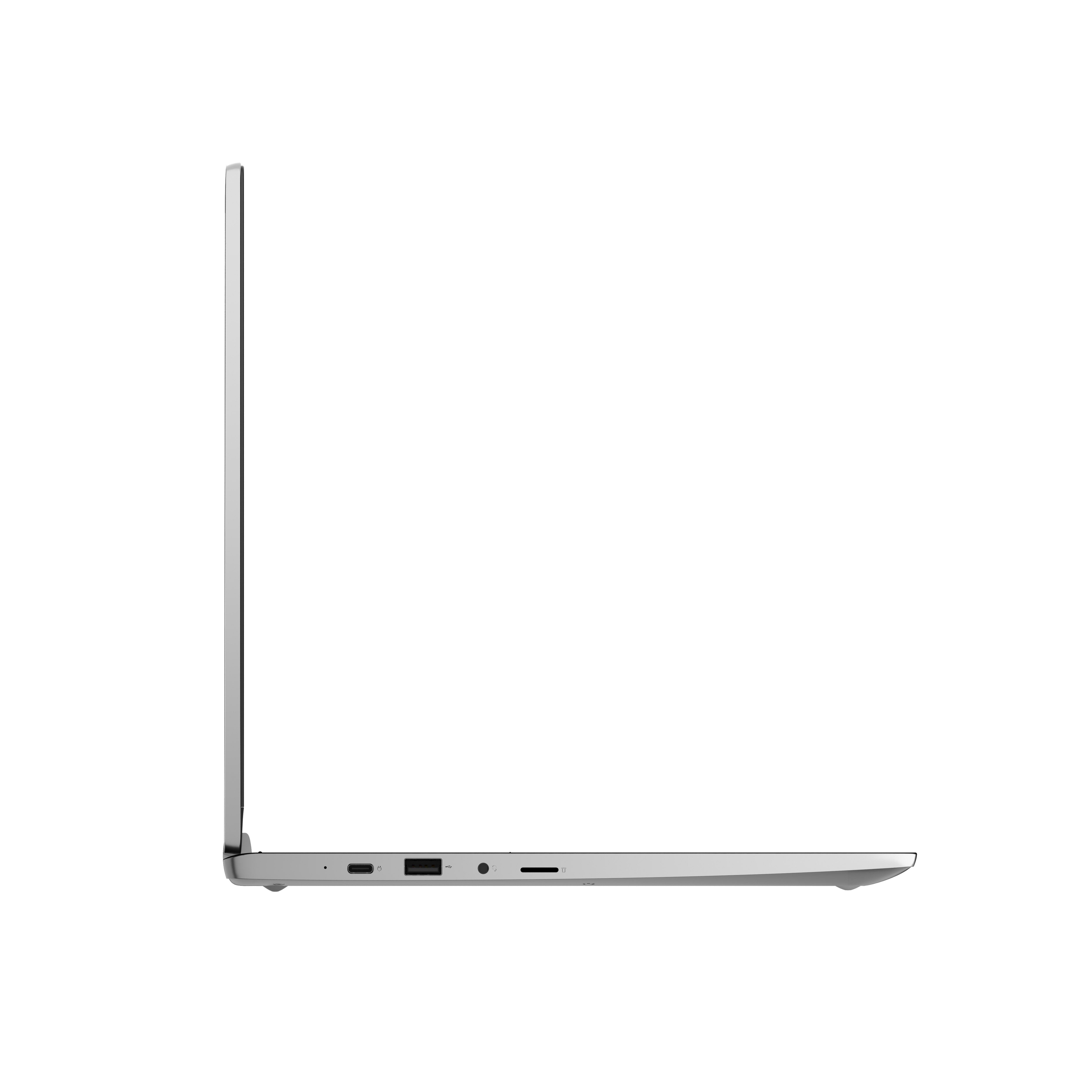 Profilansicht eines silbernen Laptops, die Seite mit Anschlüssen und Bildschirmkante zeigend.