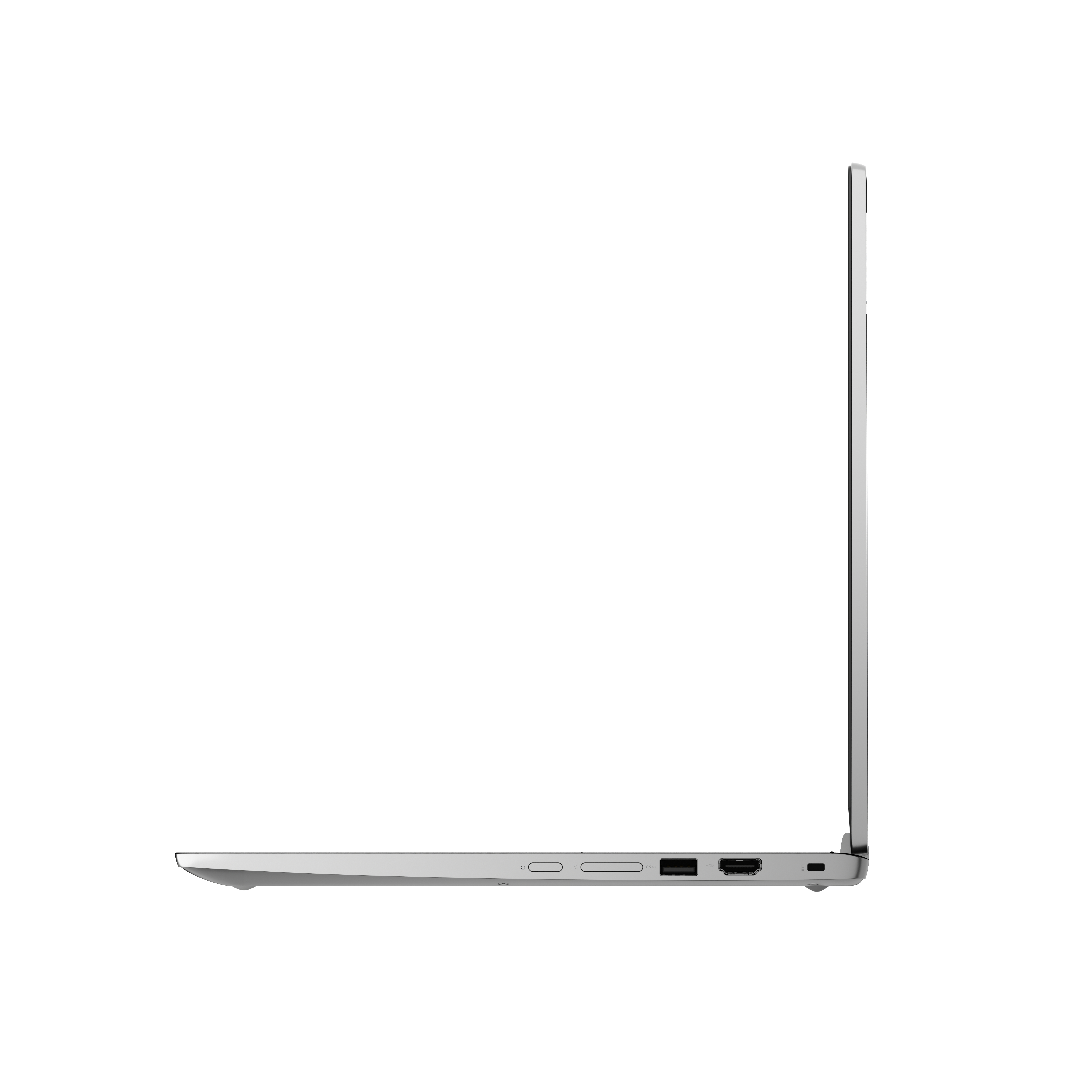 Silberner Laptop, Seitenansicht, geöffnet. Display ist geschlossen. Weißer Hintergrund. Sauberes, minimalistisches Design.