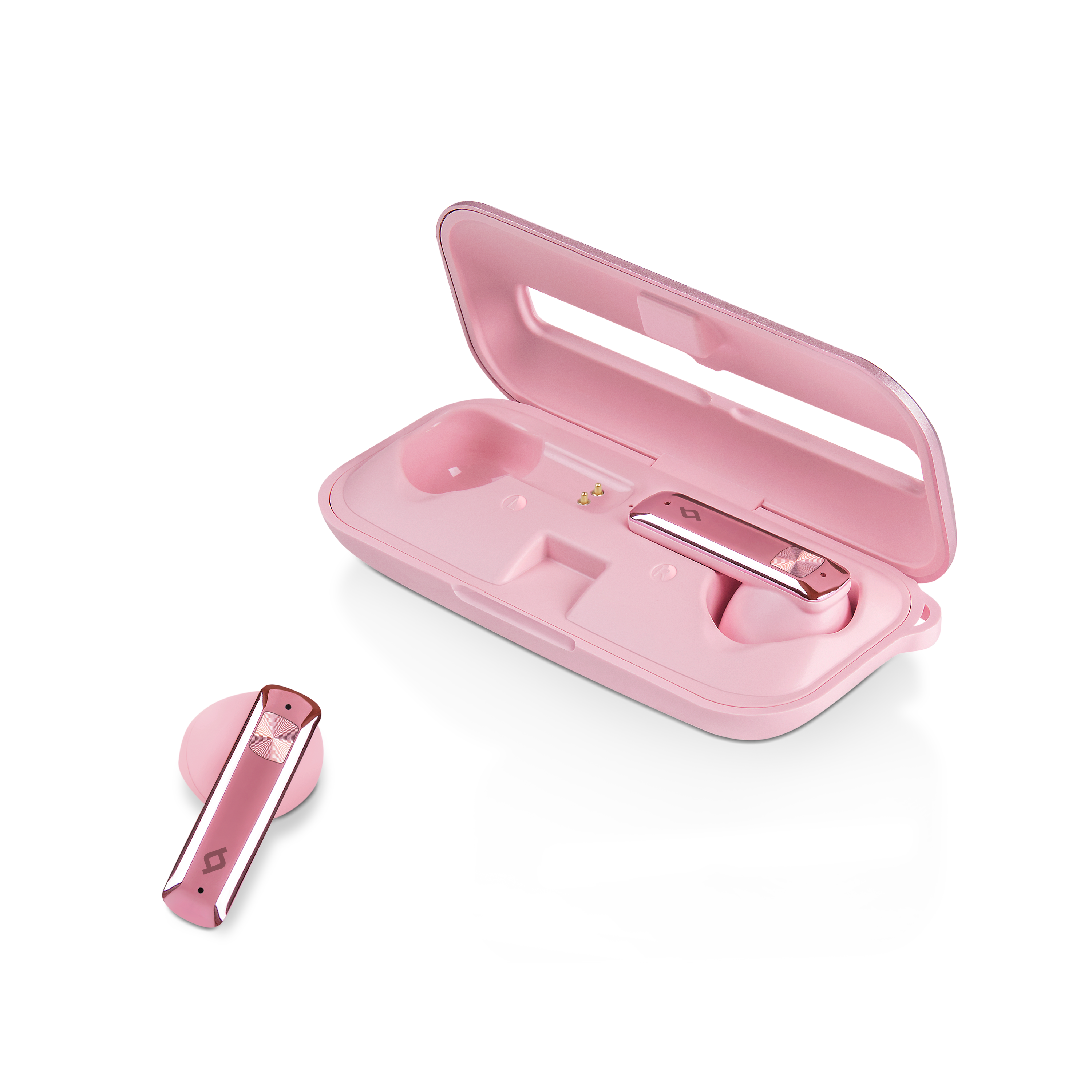 Pembe kablosuz kulaklıklar, pembe şarj kutusunda, tek bir kulaklık dışarıda, siyah zeminde.