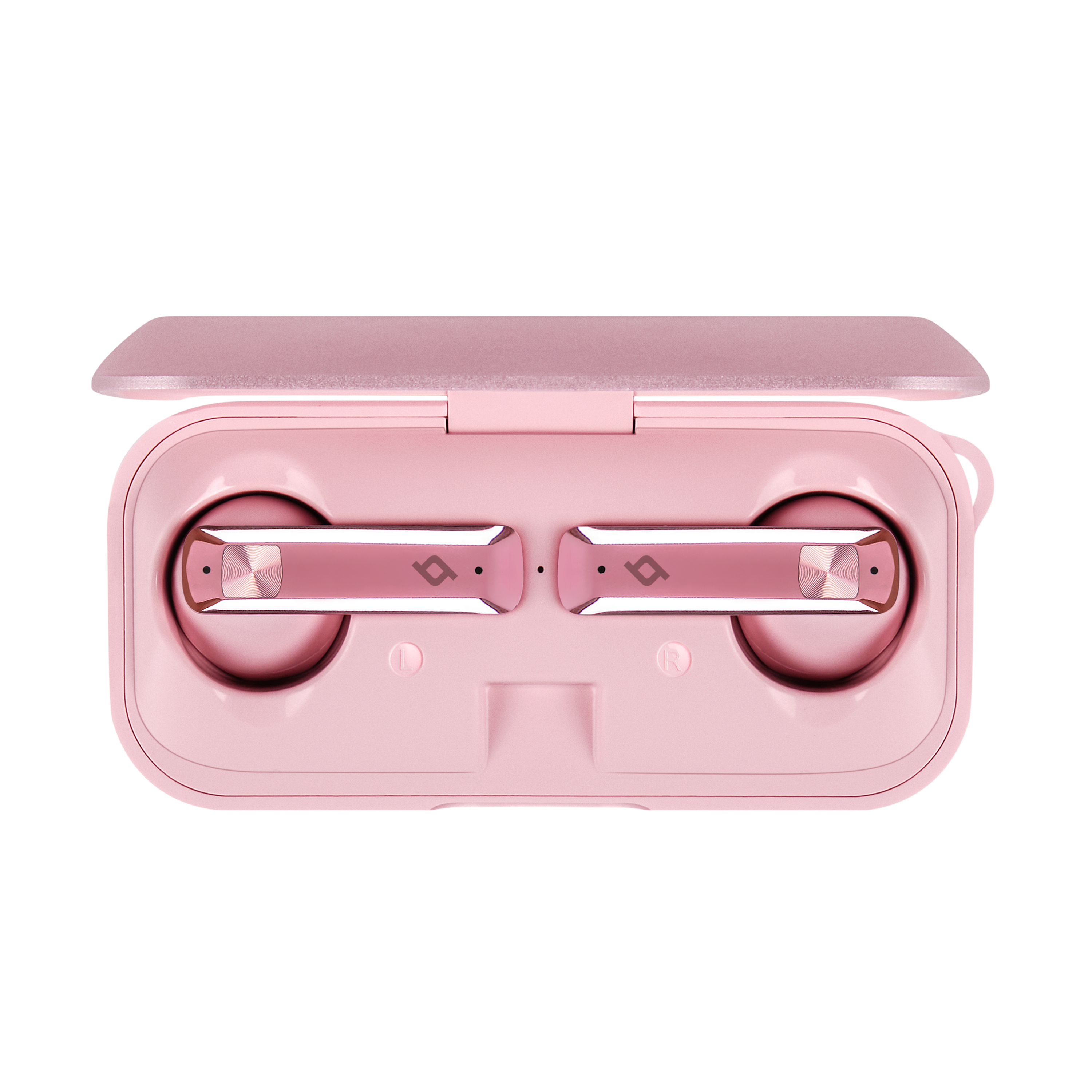 Pembe şarj kutusunda pembe kulaklıklar. Kutu açık, kulaklıklar görünüyor.
