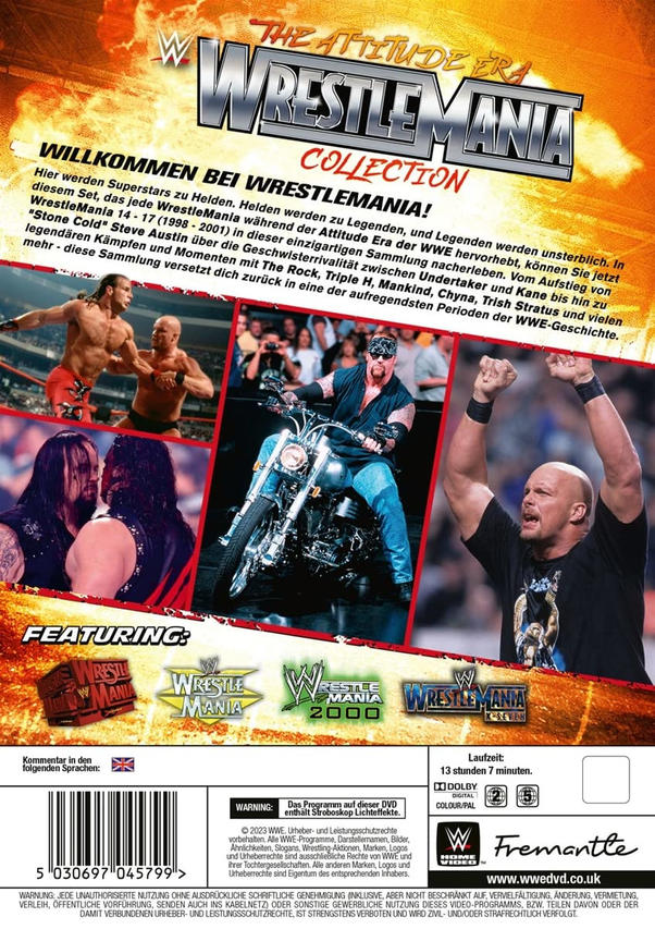 Die Rückseite einer DVD-Hülle. Es zeigt Bilder von Wrestlern und Text. Das WWE-Logo ist sichtbar.