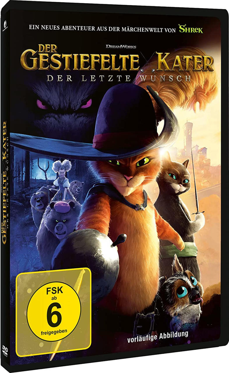 Das DVD-Cover zeigt eine Katze in Stiefeln und andere Charaktere. Es ist ein Zeichentrickfilm.