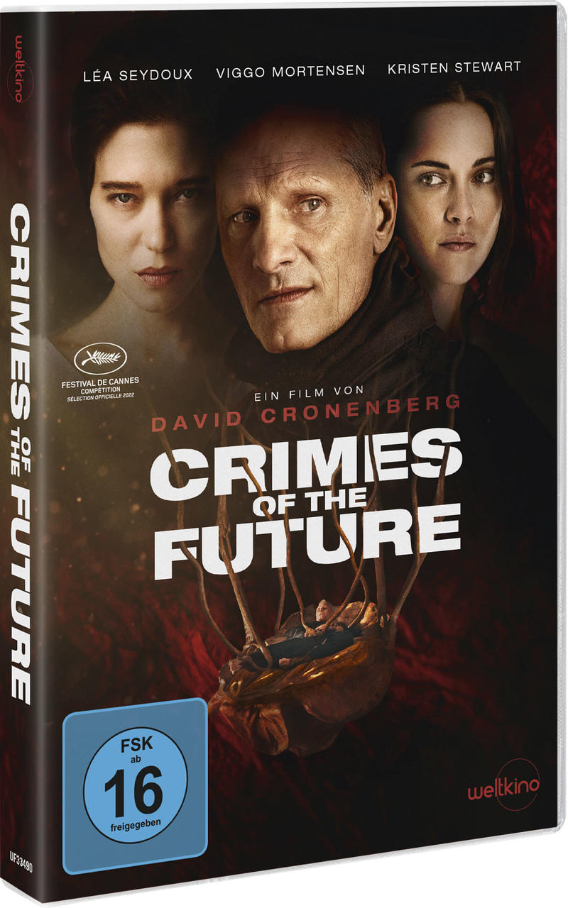 Film-DVD-Cover mit Léa Seydoux, Viggo Mortensen und Kristen Stewart. Titel: Crimes of the Future.
