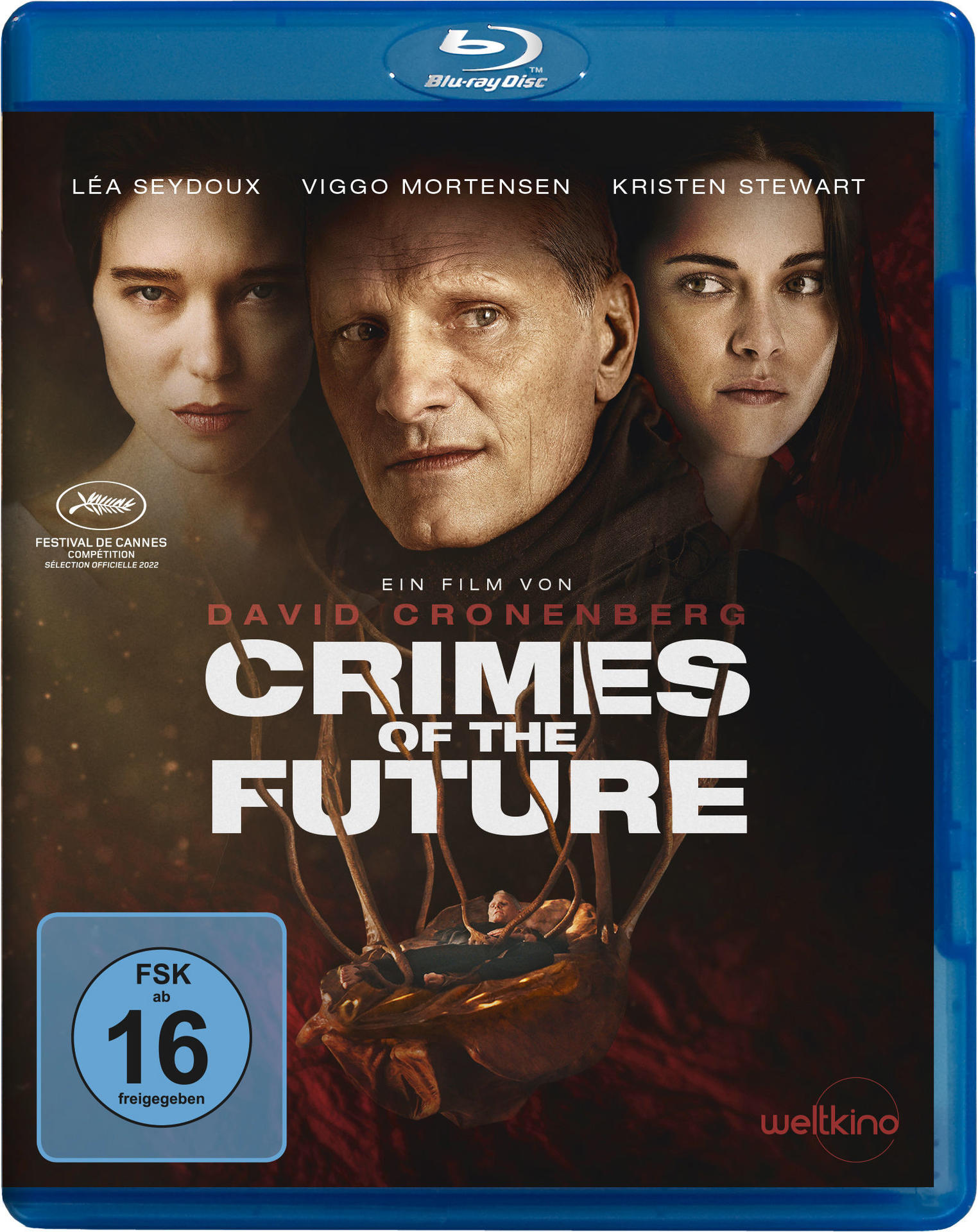 Blu-ray-Disc-Cover für 'Crimes of the Future' mit Schauspielern und Filmtitel in weißem Text.