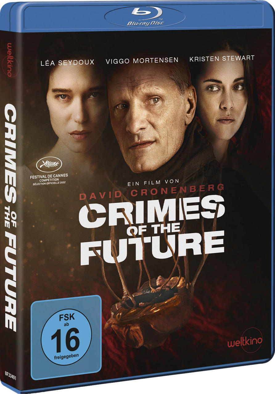 Crimes of the Future Blu-ray-Box. Gesichter von Schauspielern, roter Hintergrund.
