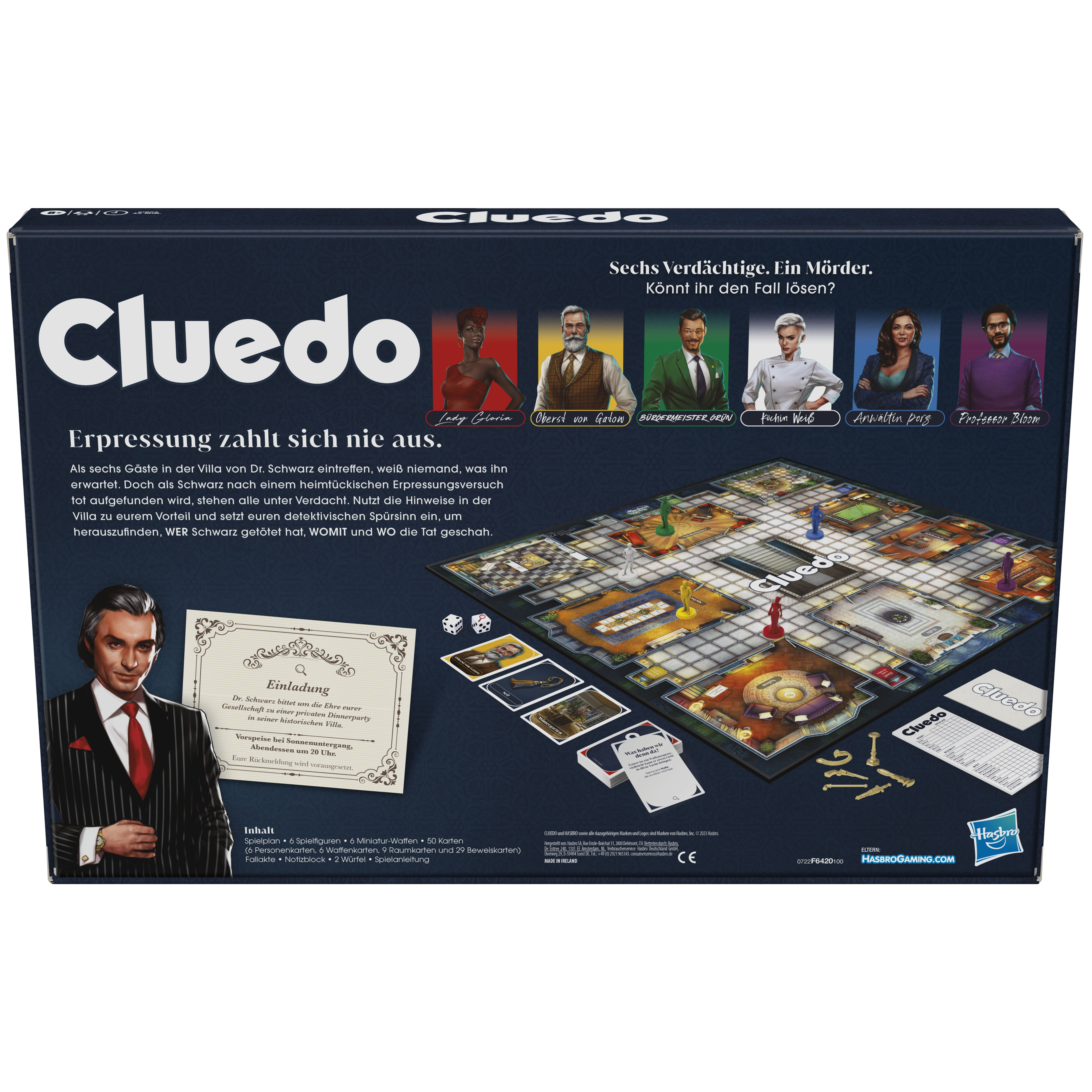 Cluedo Brettspiel-Box. Die Box zeigt Spielsteine, das Spielbrett und Charaktere.