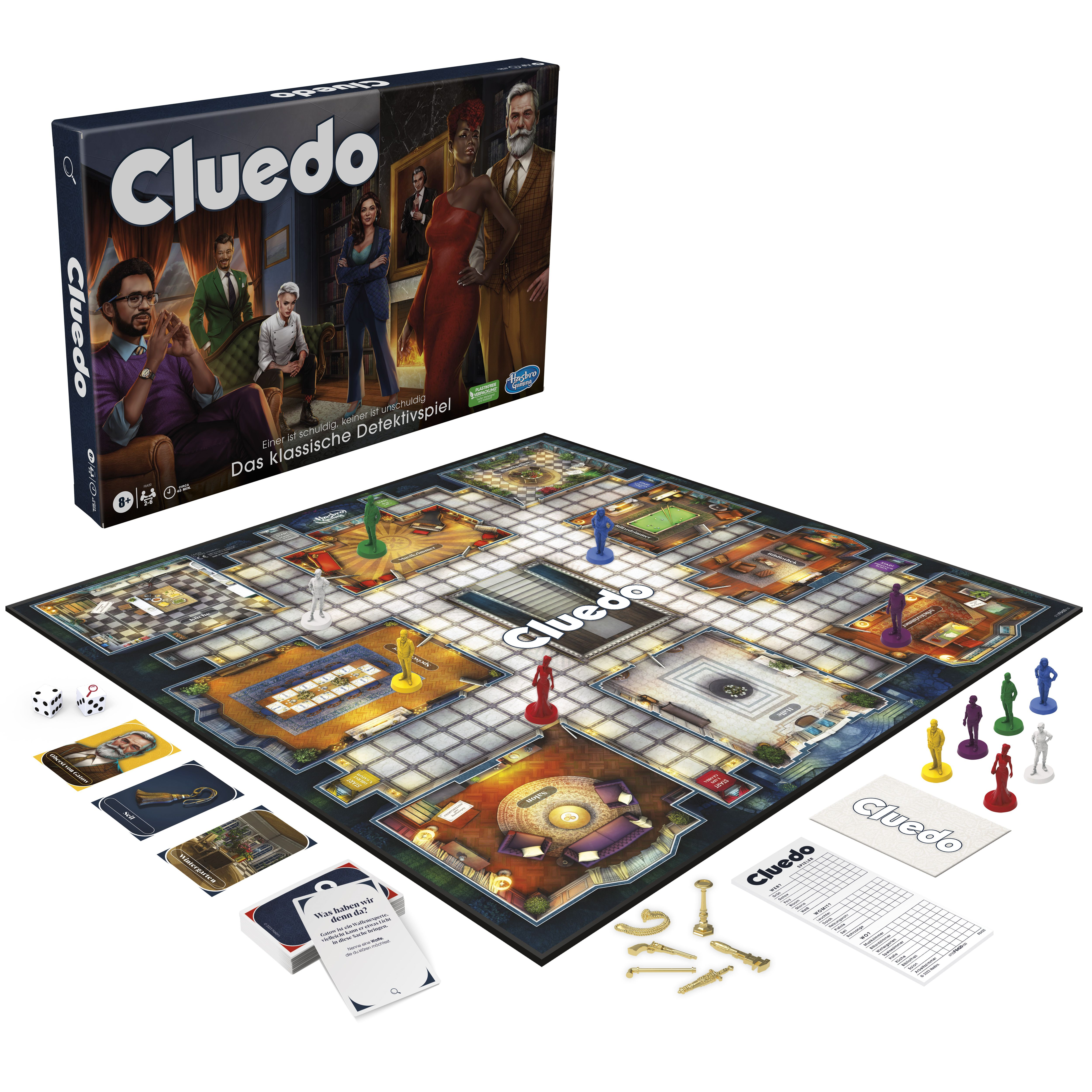 Cluedo Brettspiel. Eine Schachtel oben zeigt Charaktere. Das Brett hat Räume und Charaktere.
