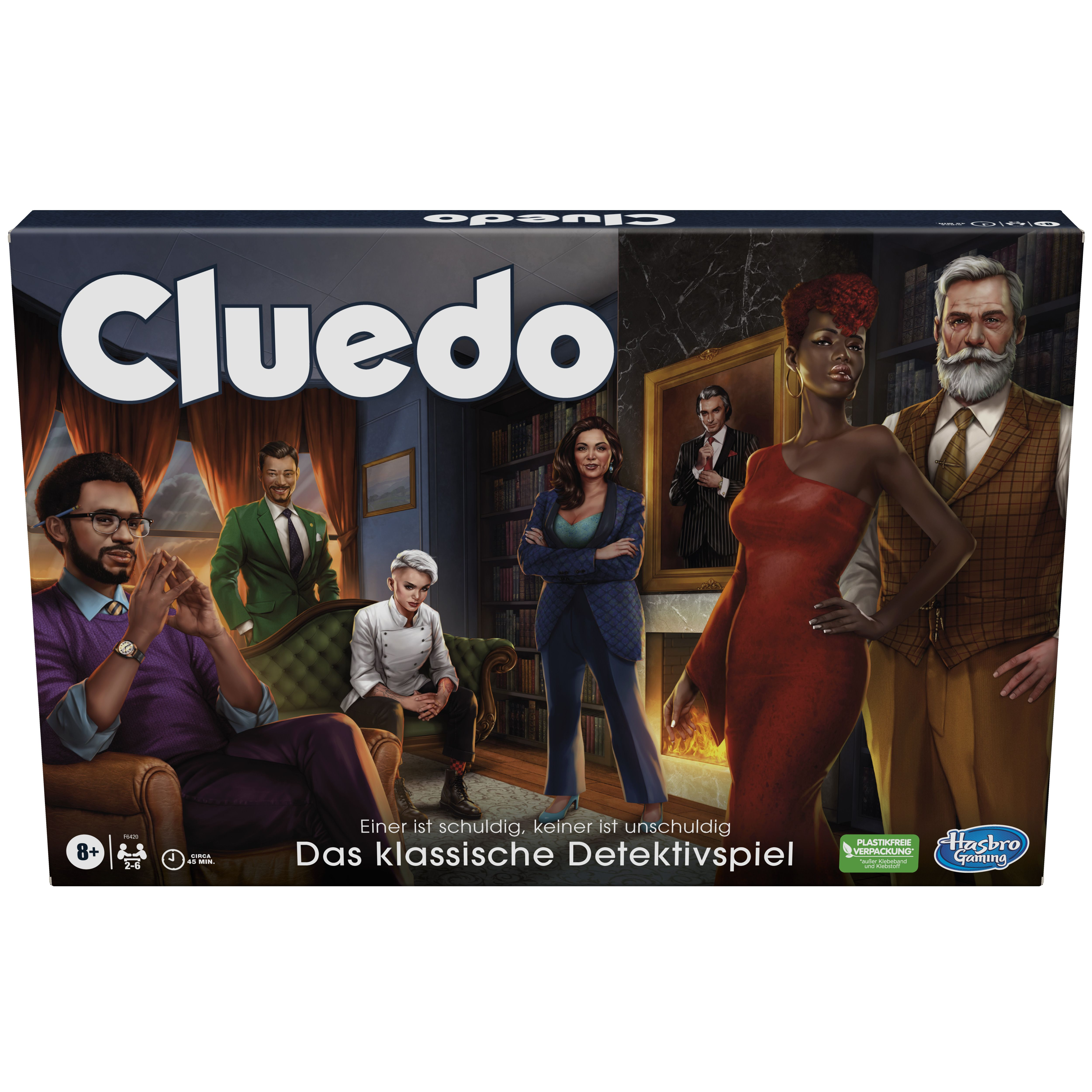 Cluedo-Brettspielbox mit Charakteren und einem Herrenhaus-Hintergrund. Der Spieletitel ist prominent.