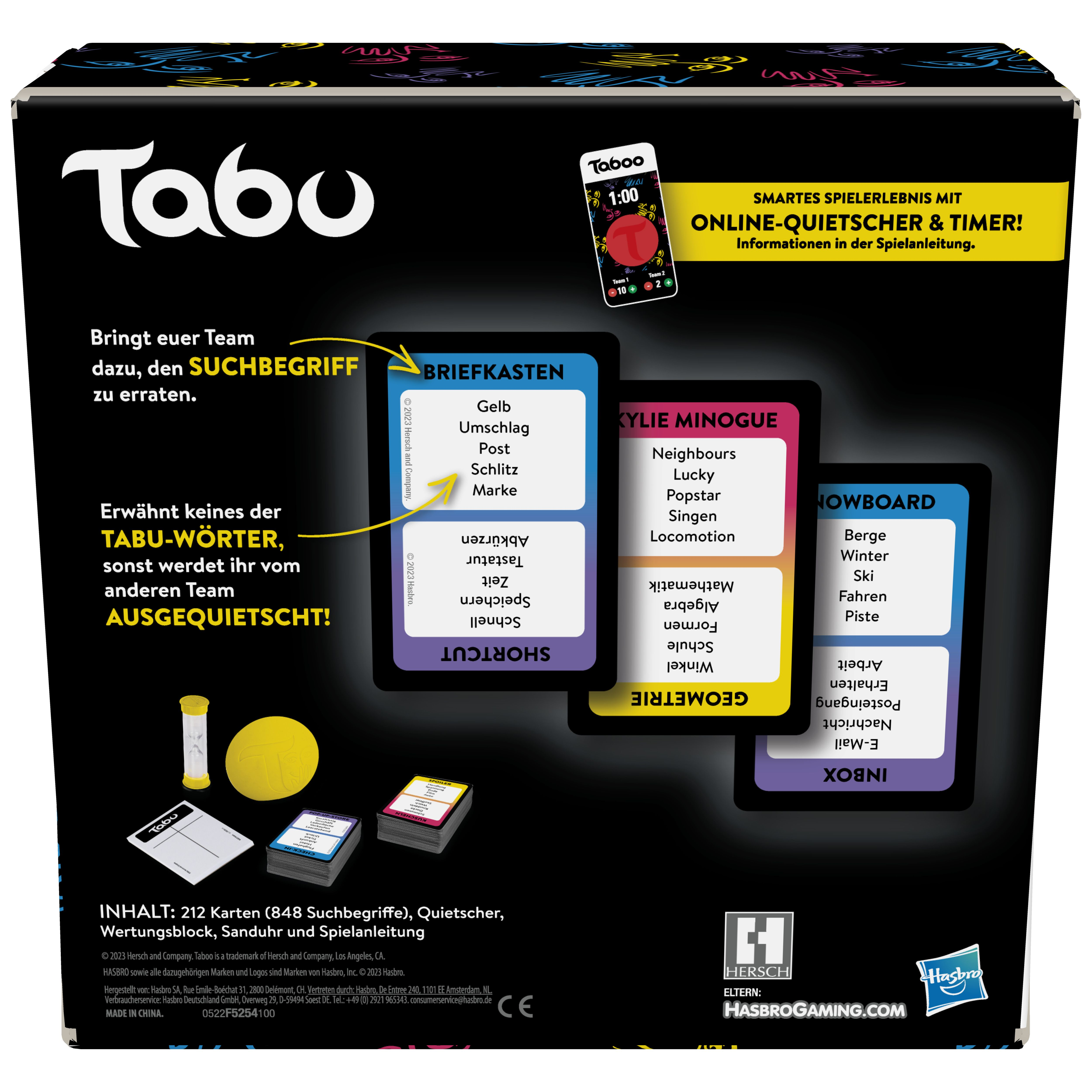 Die Rückseite einer Tabu-Spielbox mit Spielkarten, einem Timer und Spielanweisungen.