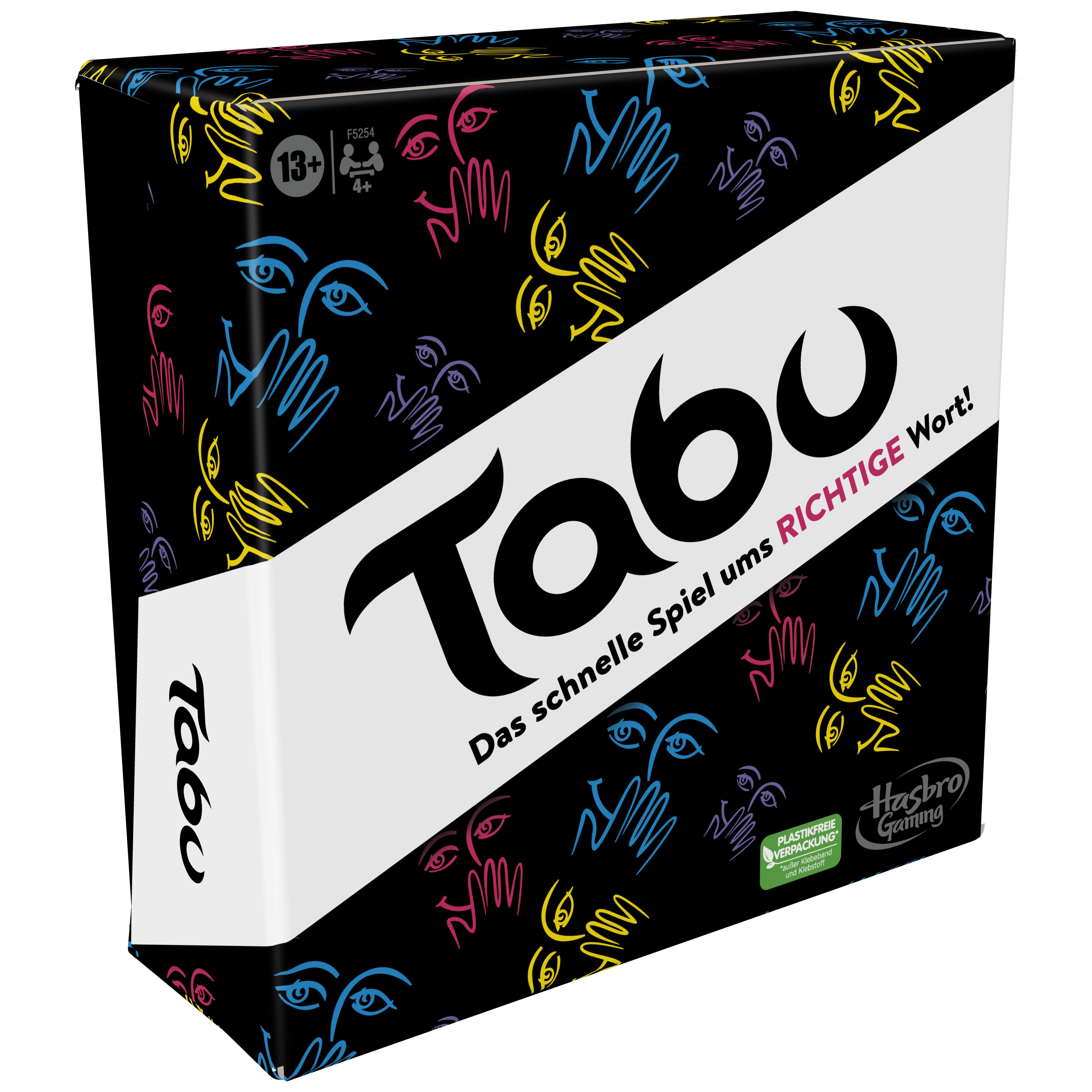 Tabu-Spielbox mit farbenfrohen Grafiken und Text auf Deutsch. Die Box ist angewinkelt.