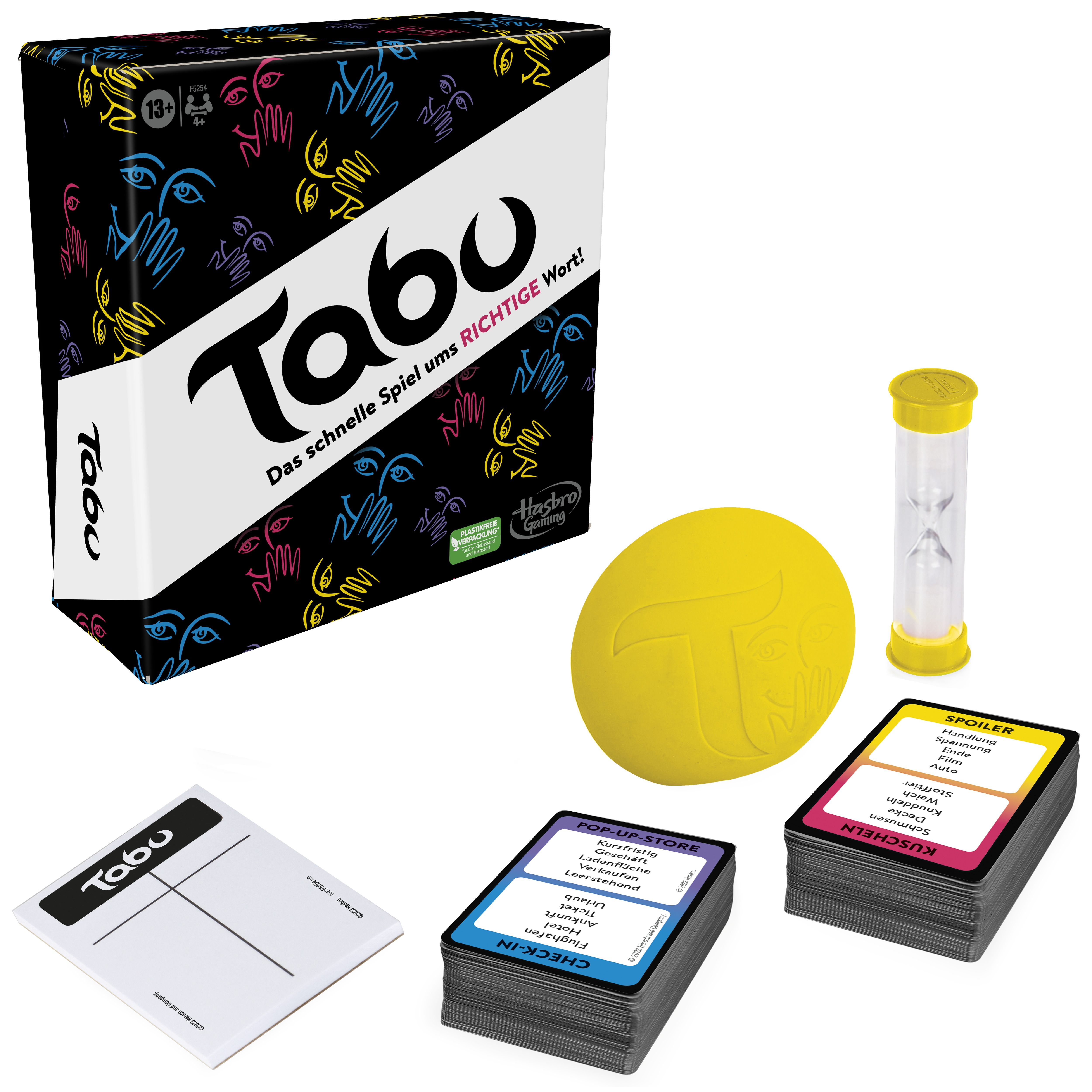 Tabu-Spielbox mit Karten, gelbem Ball und Timer. Schwarzer Hintergrund mit bunten Händen und Augen.